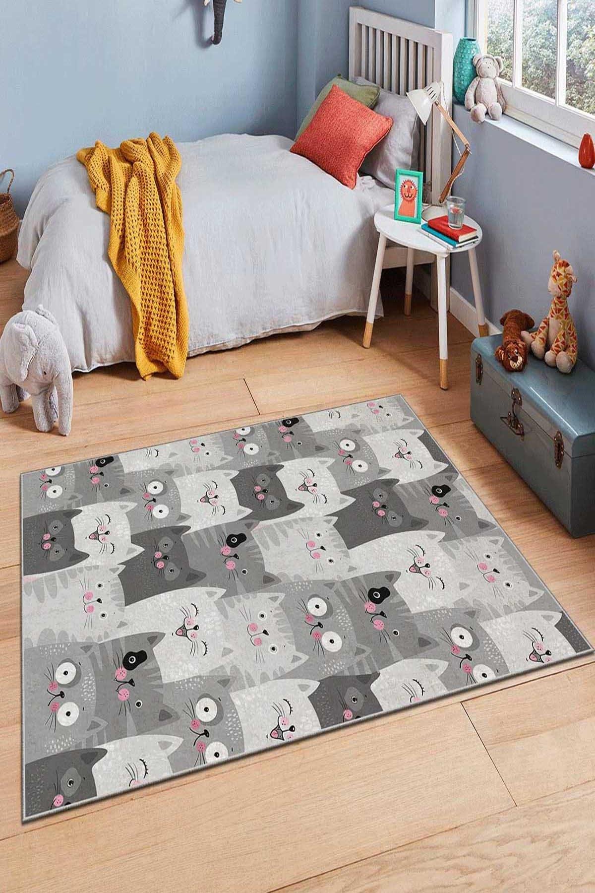 Emoji Kedi Desenli Dekoratif, Kaymaz Taban, İnce, Yıkanabilir, Çocuk Halısı CSHM-CRPT -Gri
