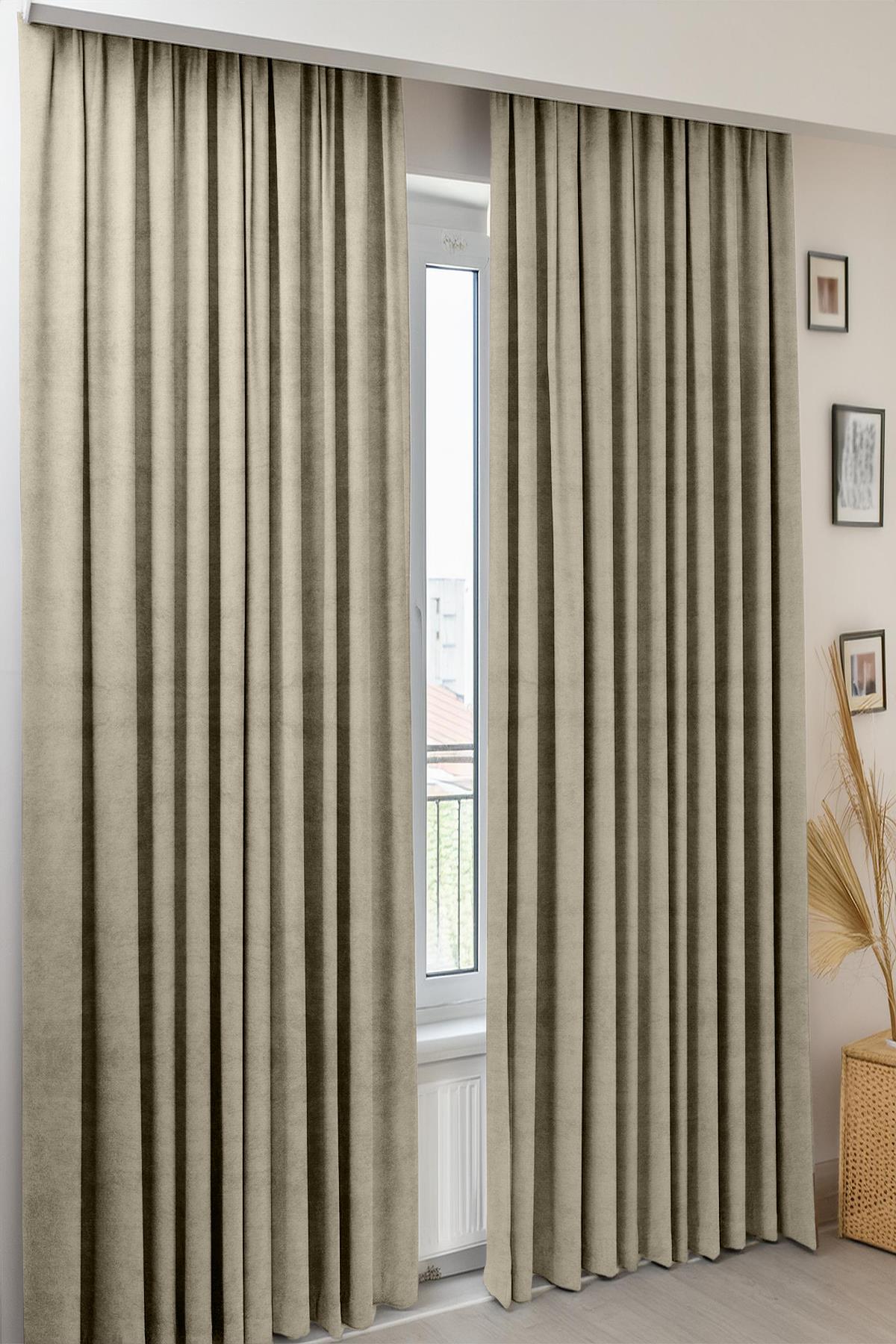 Modern Fon Perde Petek Kadife Dokulu Krem Perde Pilesiz Ekstraforlu Güneşlik 140 x 260 cm