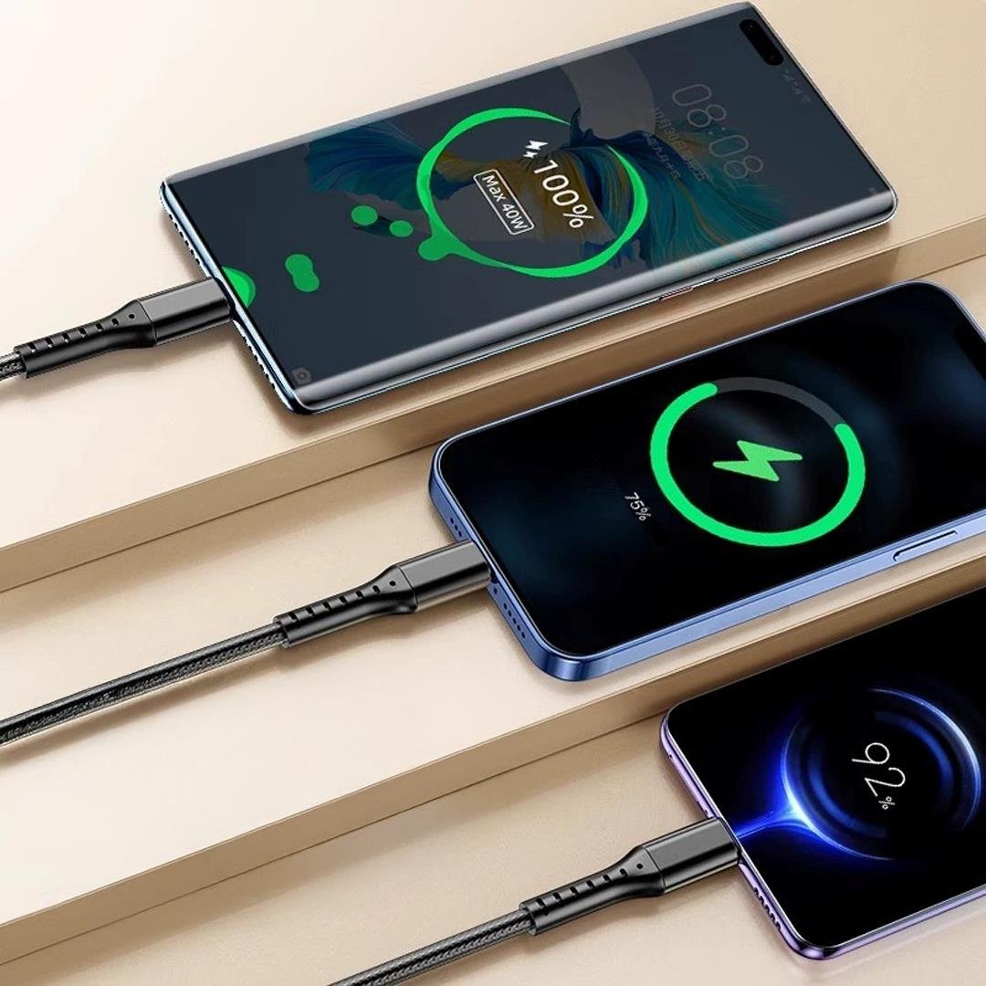 3IN1 SİYAH 1.2 METRE (MICRO USB - LIGHTNING - TYPE C) TELEFON ŞARJ KABLOSU (4767)