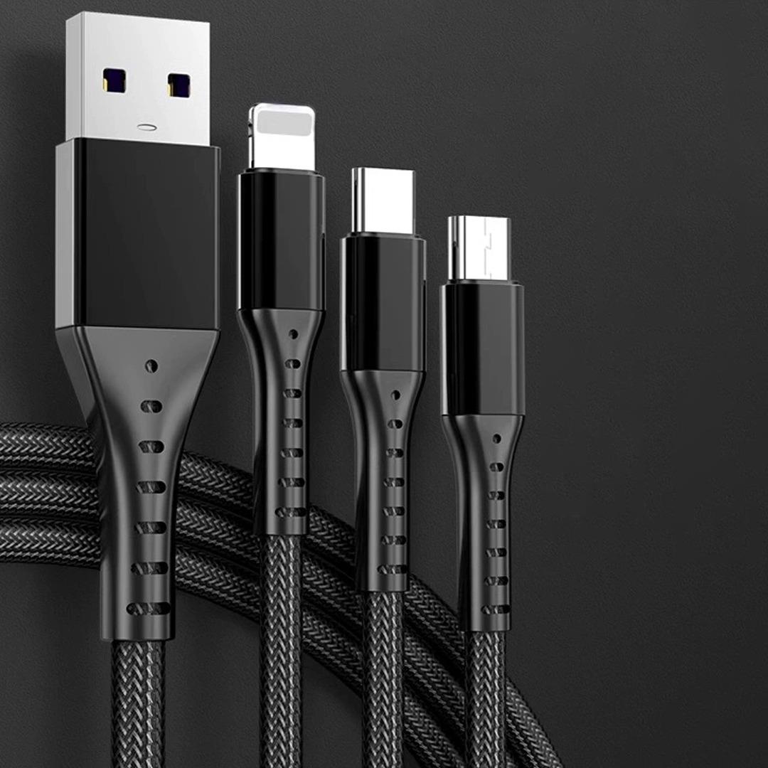 3IN1 SİYAH 1.2 METRE (MICRO USB - LIGHTNING - TYPE C) TELEFON ŞARJ KABLOSU (4767)