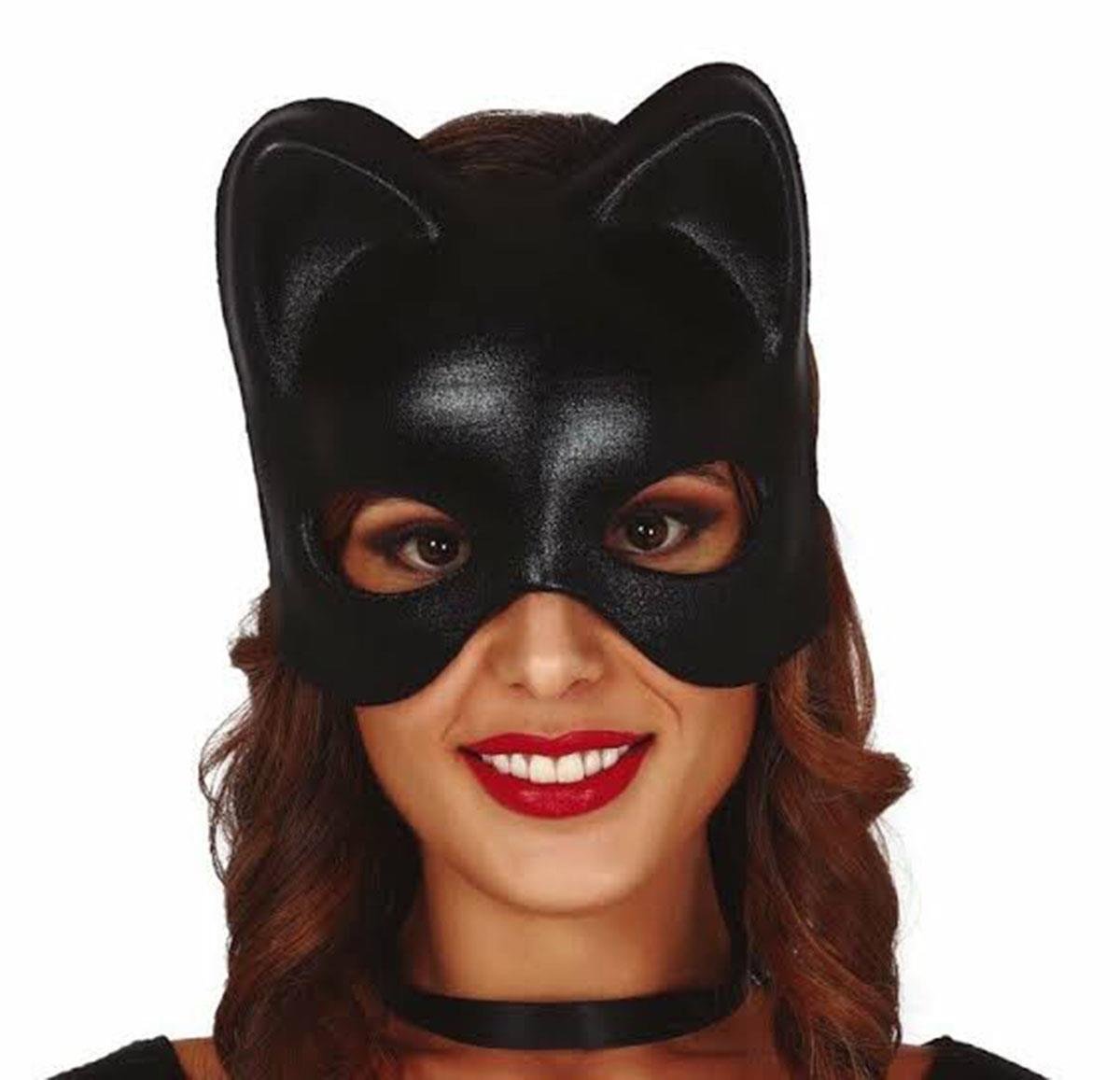 Siyah Deri Görünümlü Kedi Maskesi – Cosplay &amp; Maskeli Balo (4767)