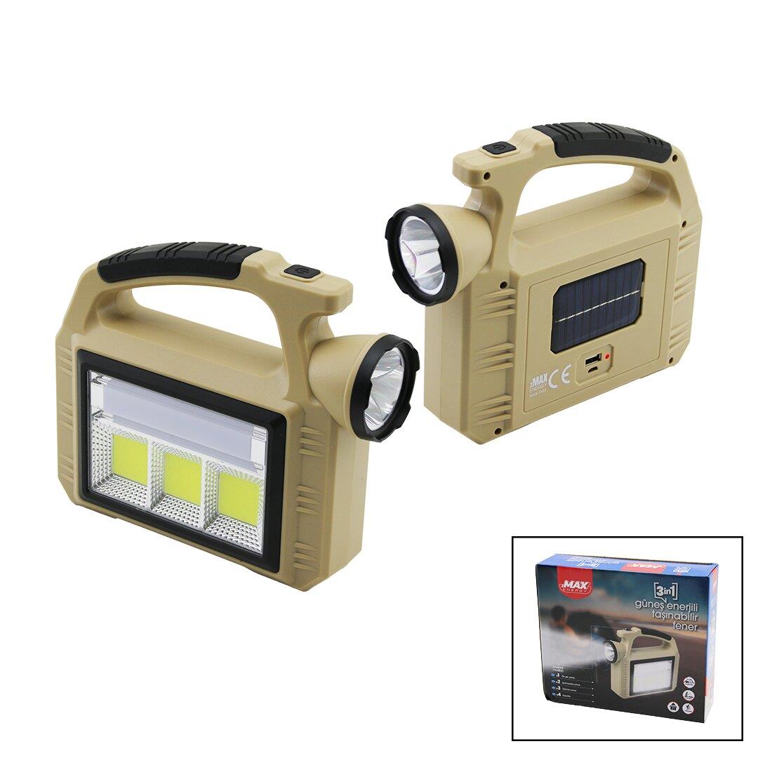 SOLAR GÜNEŞ ENERJİLİ - USB ŞARJLI  TAŞINABİLR EL FENERİ POWERBANK 3İN1=LED - COB LED - ŞERİT LAMBA (4767)