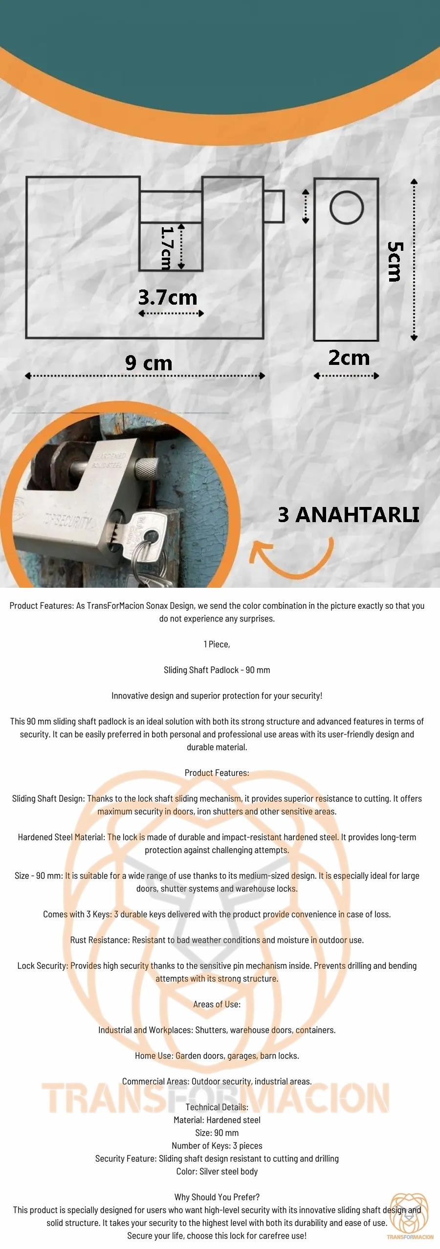 Turk Çelik Kayar Milli Asma Kilit 90 MM 3 anahtarlı Sonax Design
