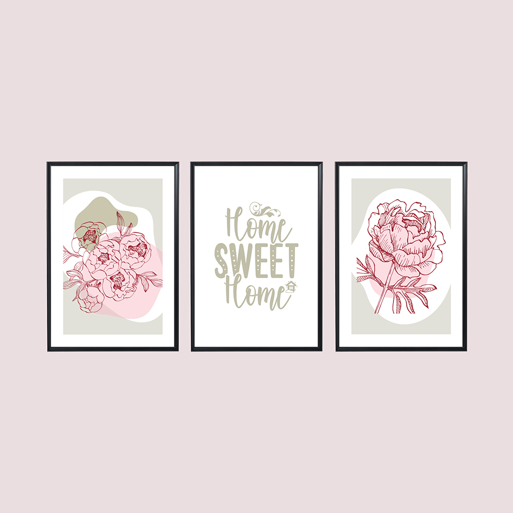 Çiçek Temalı ve Home Sweet Home Yazılı 3'lü Tablo Seti