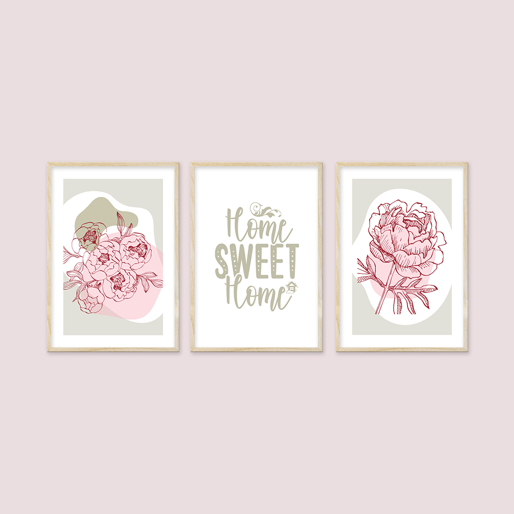 Çiçek Temalı ve Home Sweet Home Yazılı 3'lü Tablo Seti