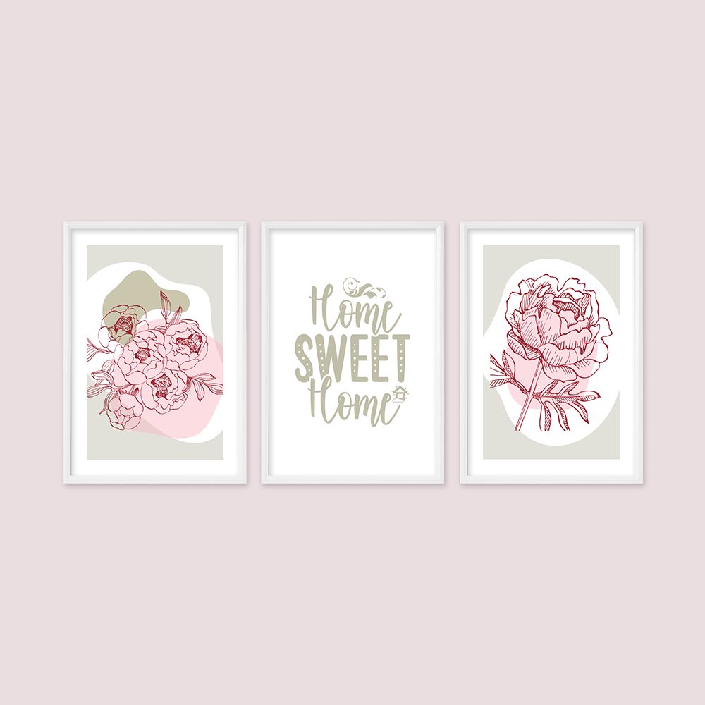 Çiçek Temalı ve Home Sweet Home Yazılı 3'lü Tablo Seti