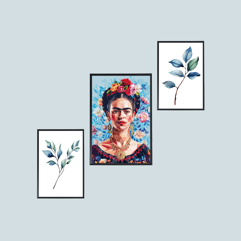 Frida Kahlo ve Yaprak Temalı 3'lü Tablo Seti