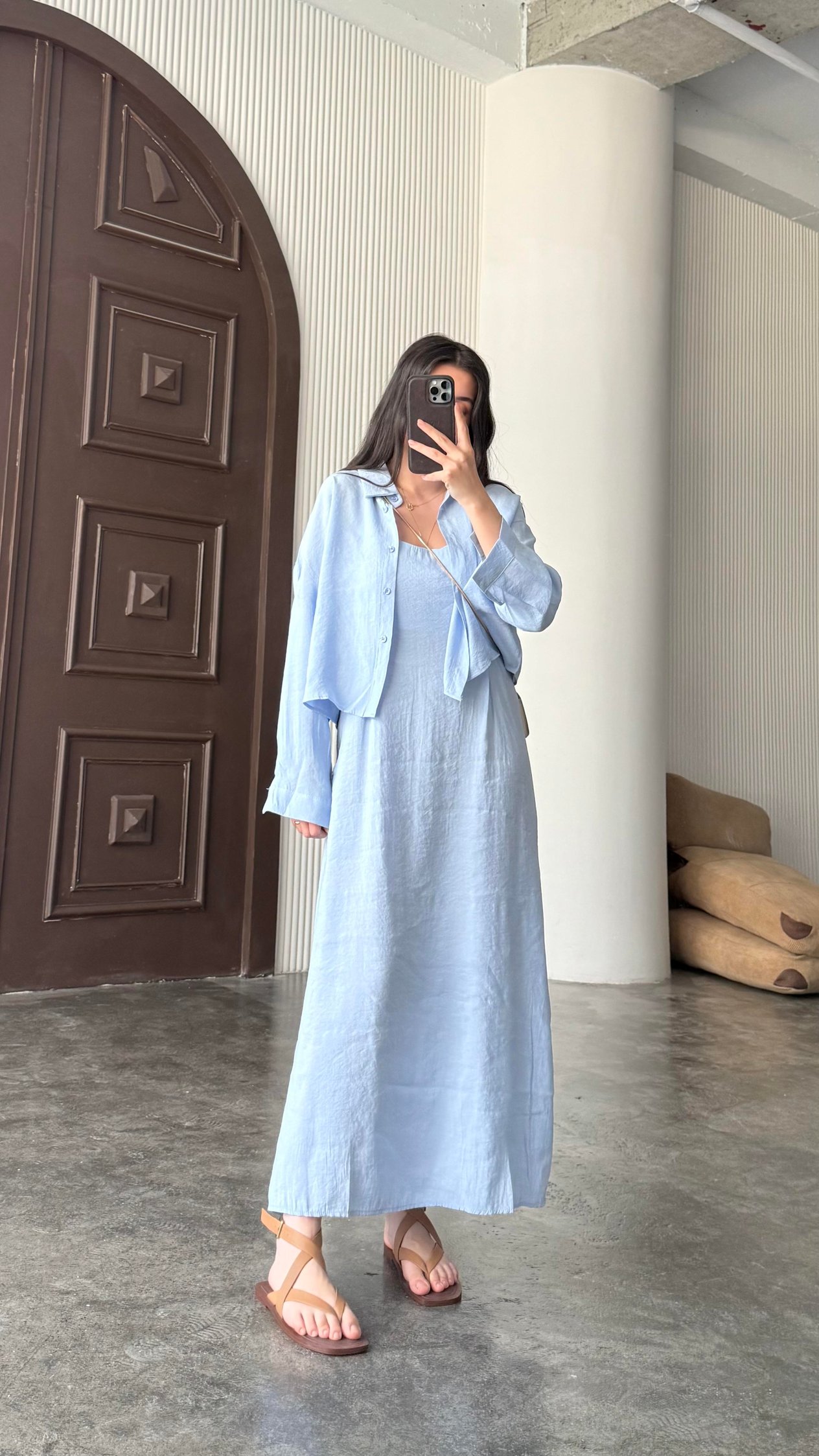 Bebek Mavi Gömlekli İp Askılı Elbise Tensel Takım