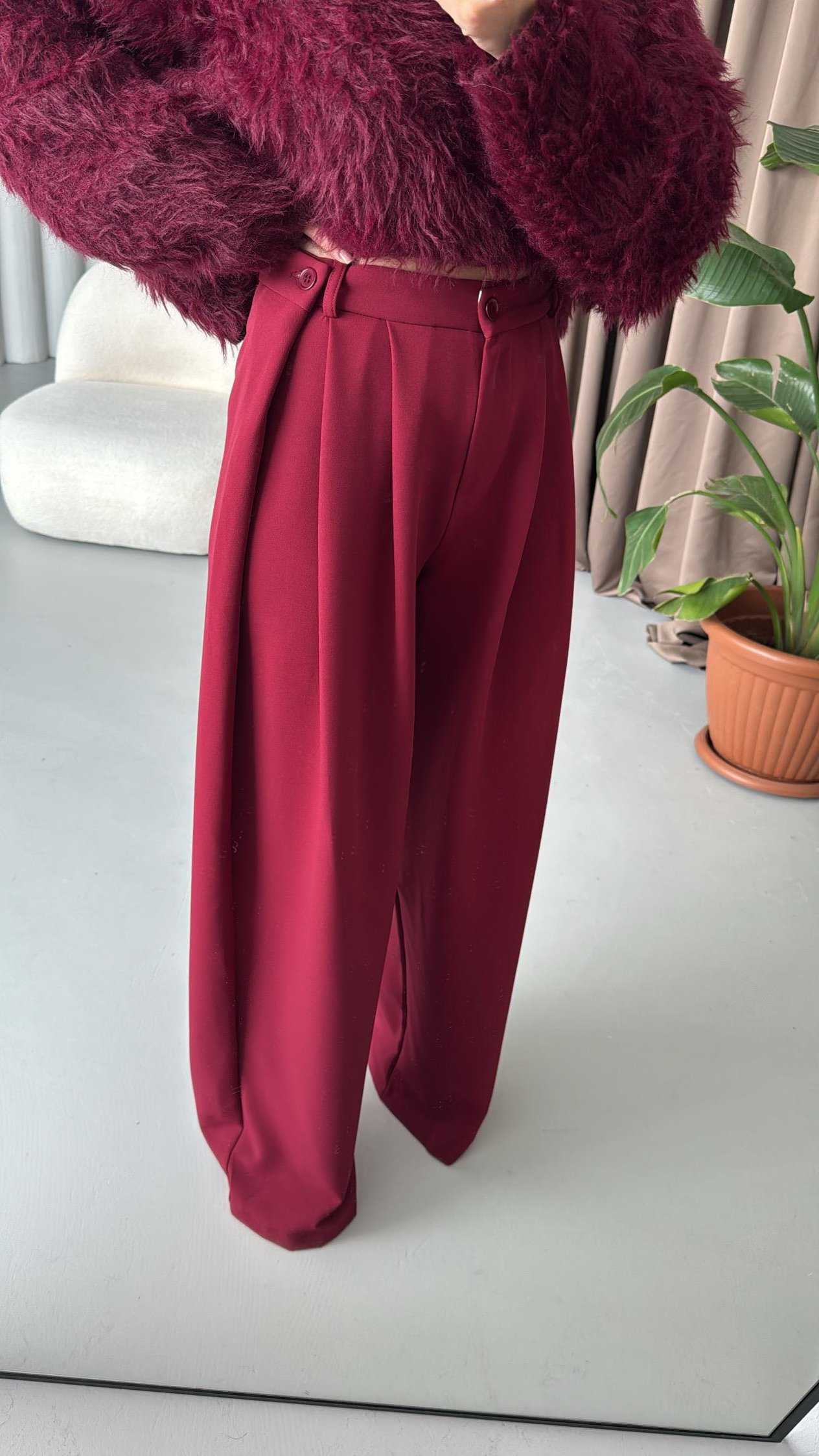 Bordo Yüksek Bel Premıum Pensli Wide Leg Kumaş Pantolon