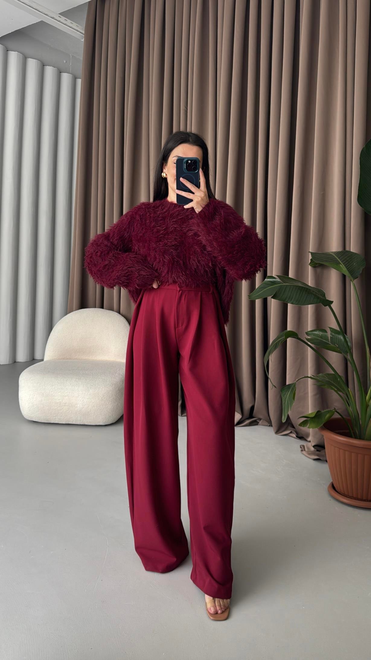 Bordo Yüksek Bel Premıum Pensli Wide Leg Kumaş Pantolon
