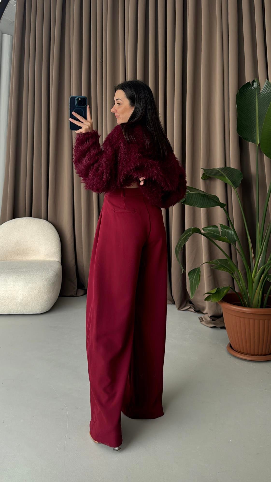 Bordo Yüksek Bel Premıum Pensli Wide Leg Kumaş Pantolon
