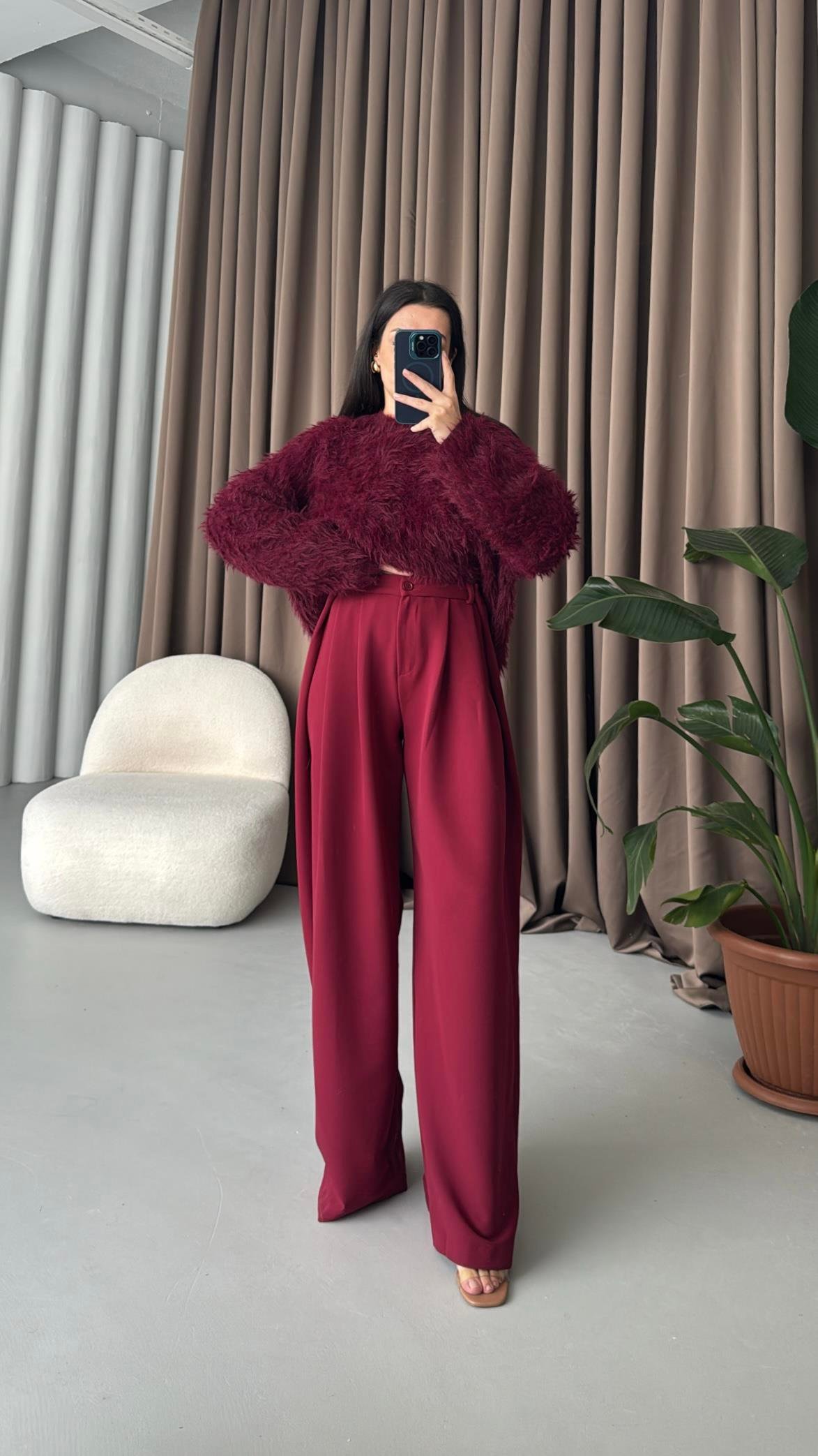 Bordo Yüksek Bel Premıum Pensli Wide Leg Kumaş Pantolon