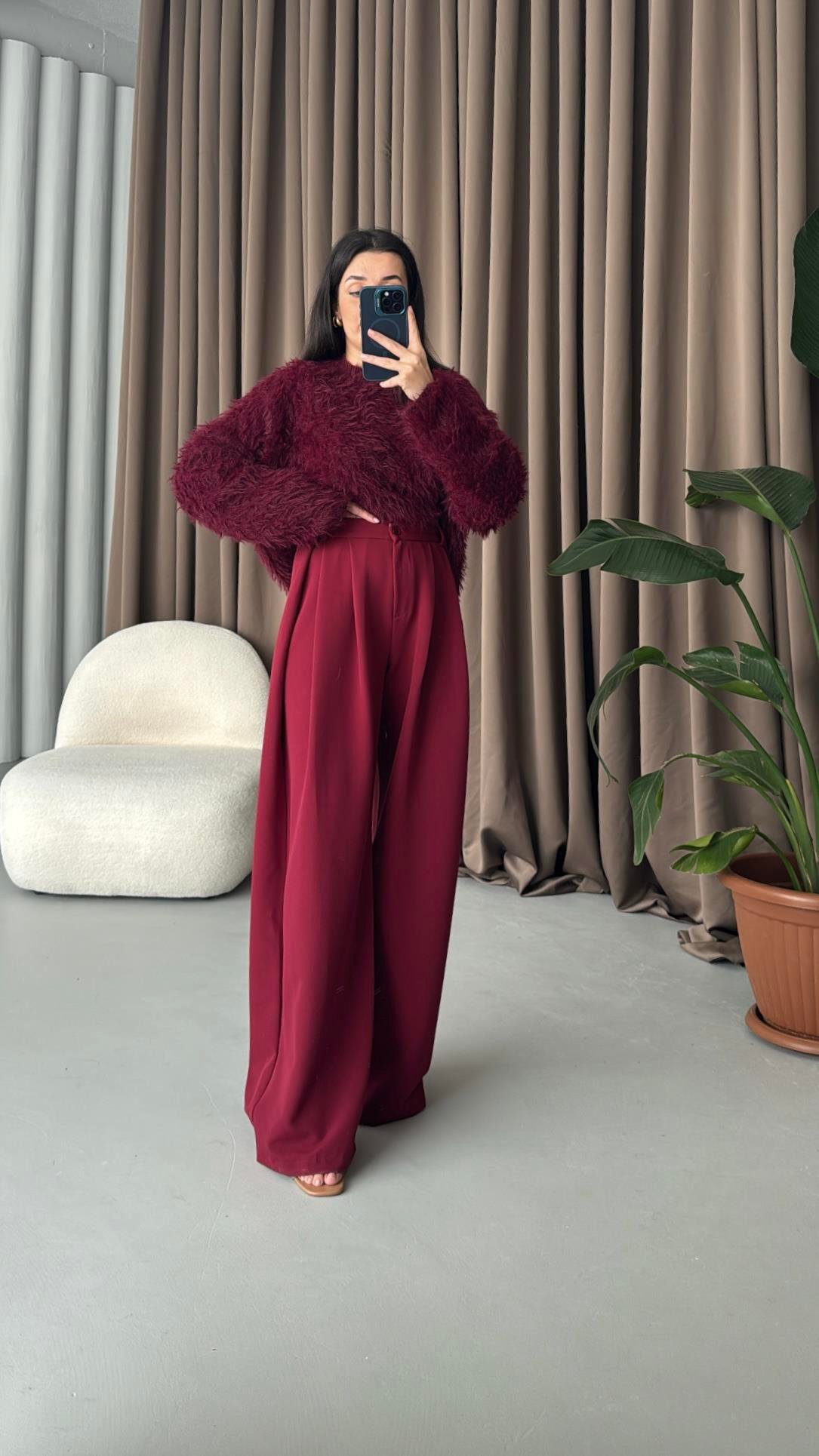Bordo Yüksek Bel Premıum Pensli Wide Leg Kumaş Pantolon