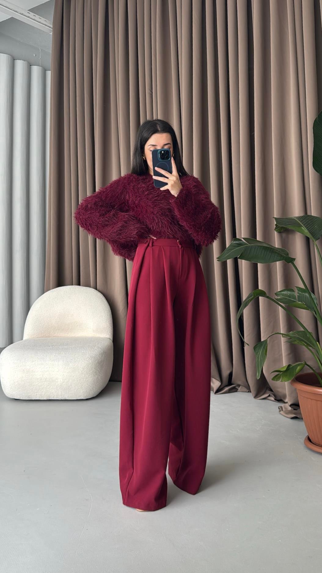 Bordo Yüksek Bel Premıum Pensli Wide Leg Kumaş Pantolon
