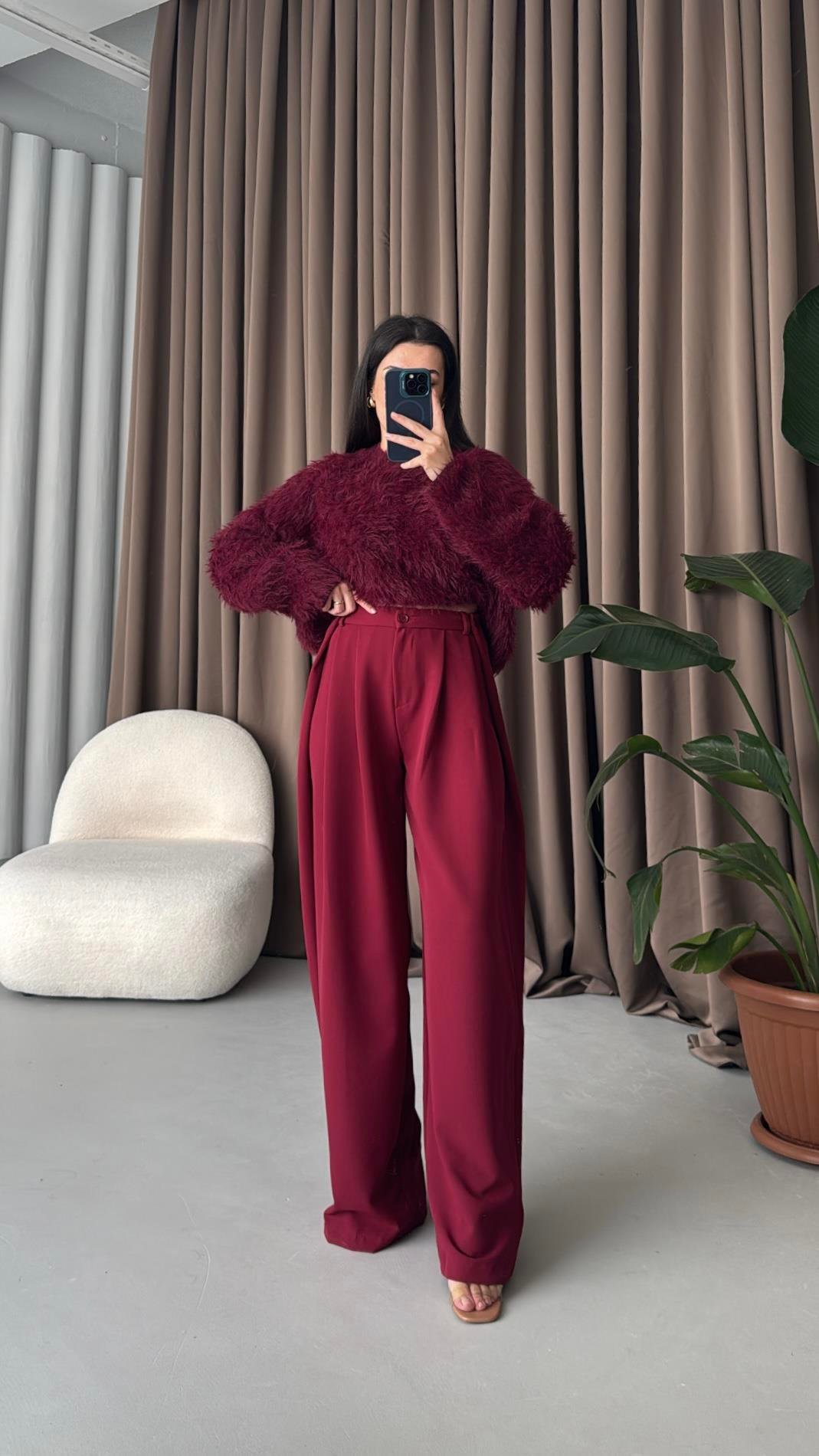 Bordo Yüksek Bel Premıum Pensli Wide Leg Kumaş Pantolon