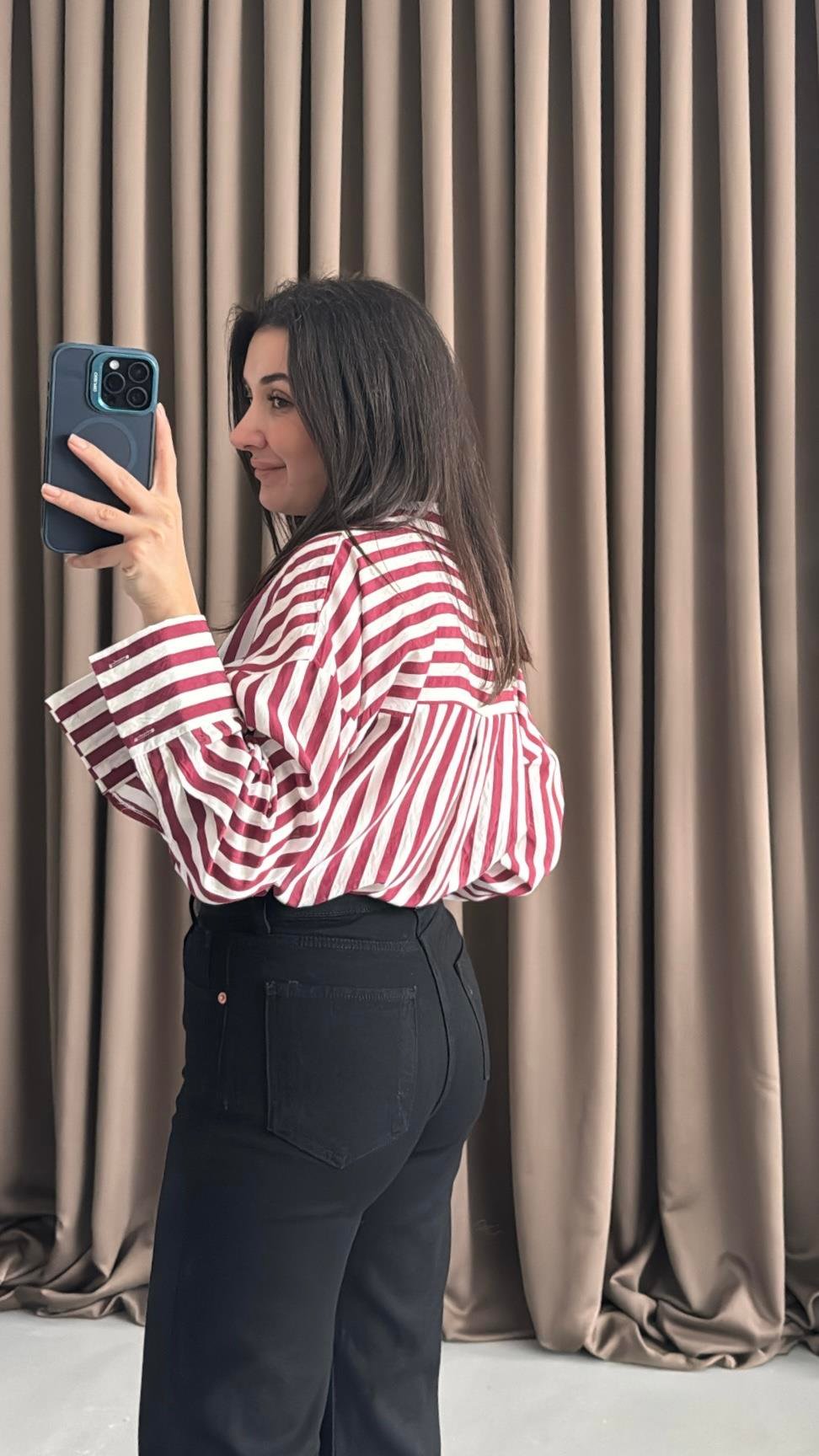 Bordo/Beyaz Çizgili Oversıze Gömlek