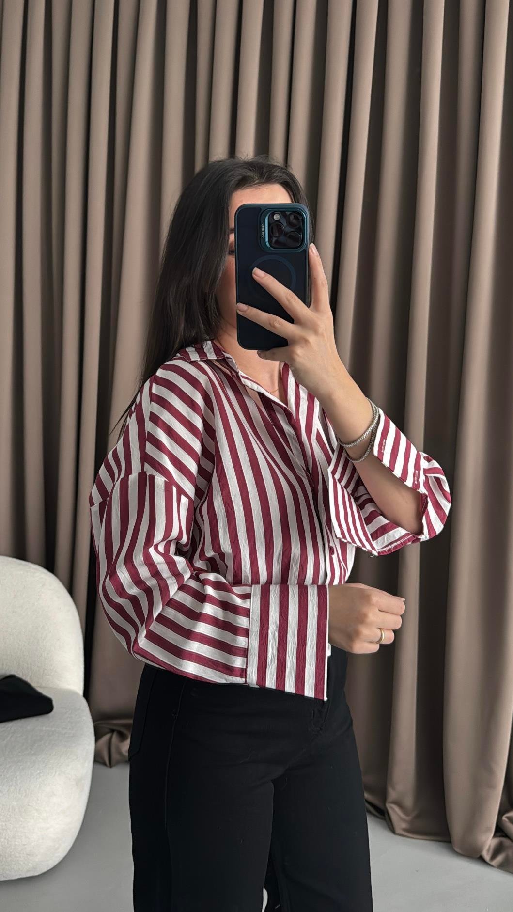 Bordo/Beyaz Çizgili Oversıze Gömlek