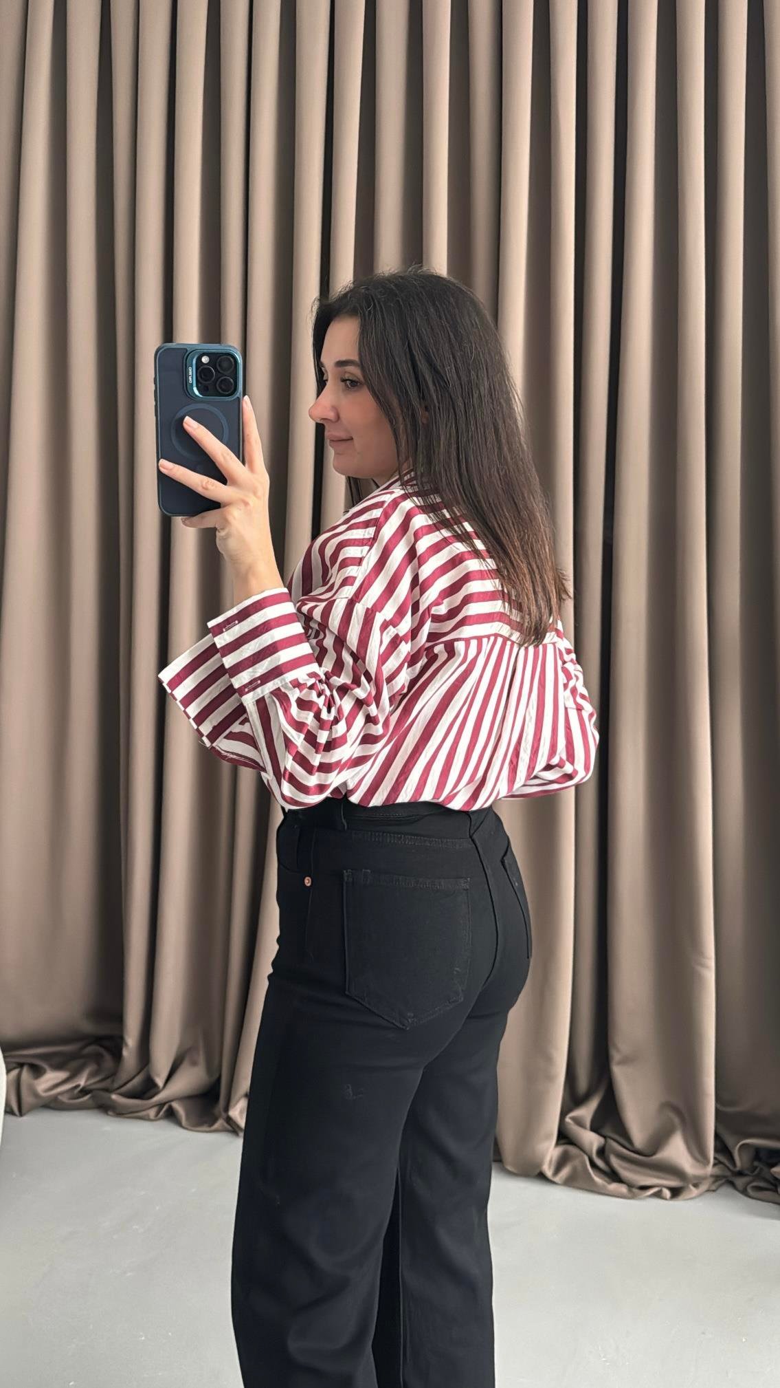 Bordo/Beyaz Çizgili Oversıze Gömlek