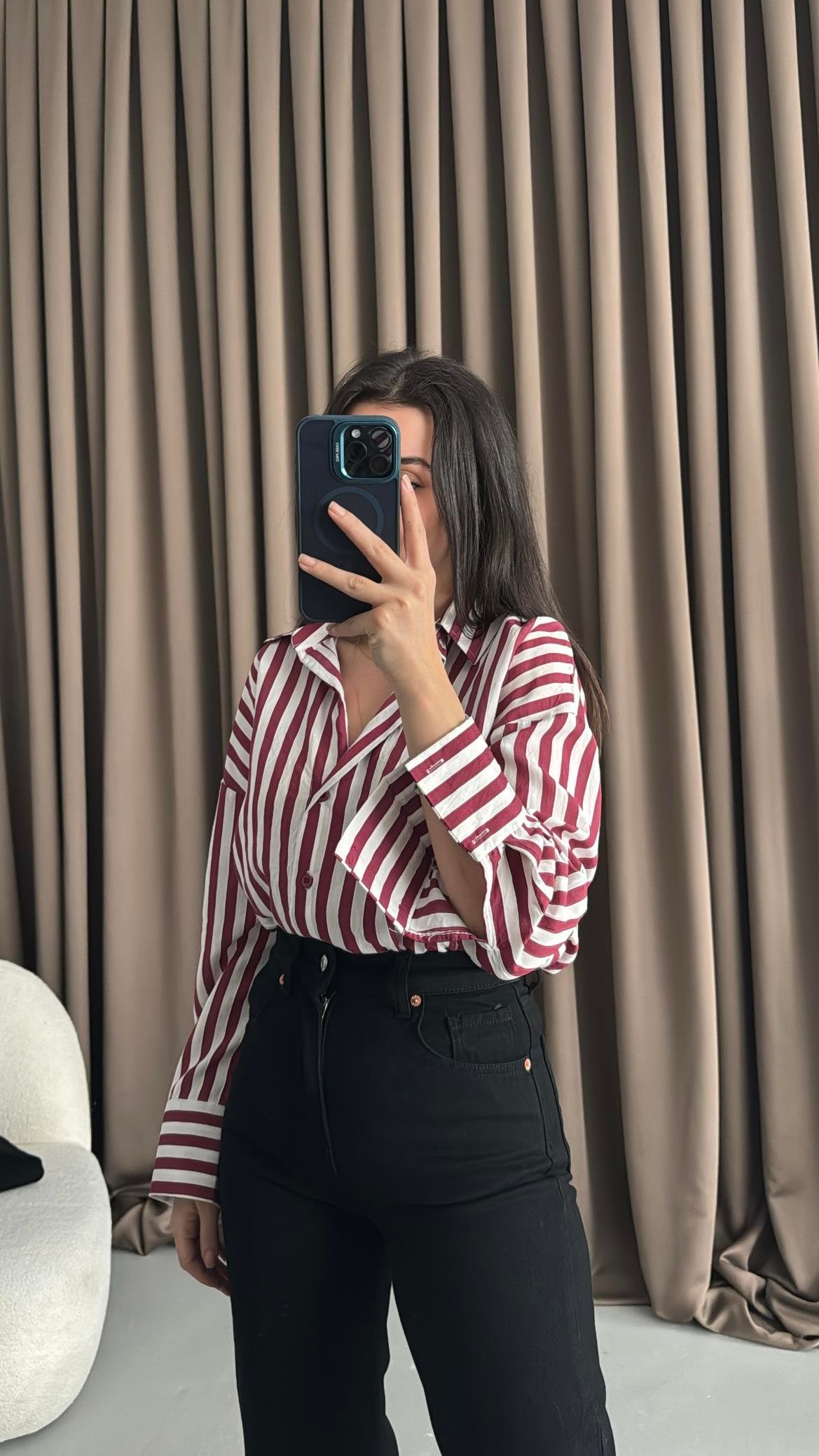 Bordo/Beyaz Çizgili Oversıze Gömlek