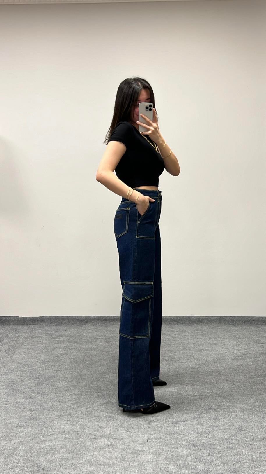 GIN YÜKSEK BEL LACİ KARGO PANTOLON JEAN 