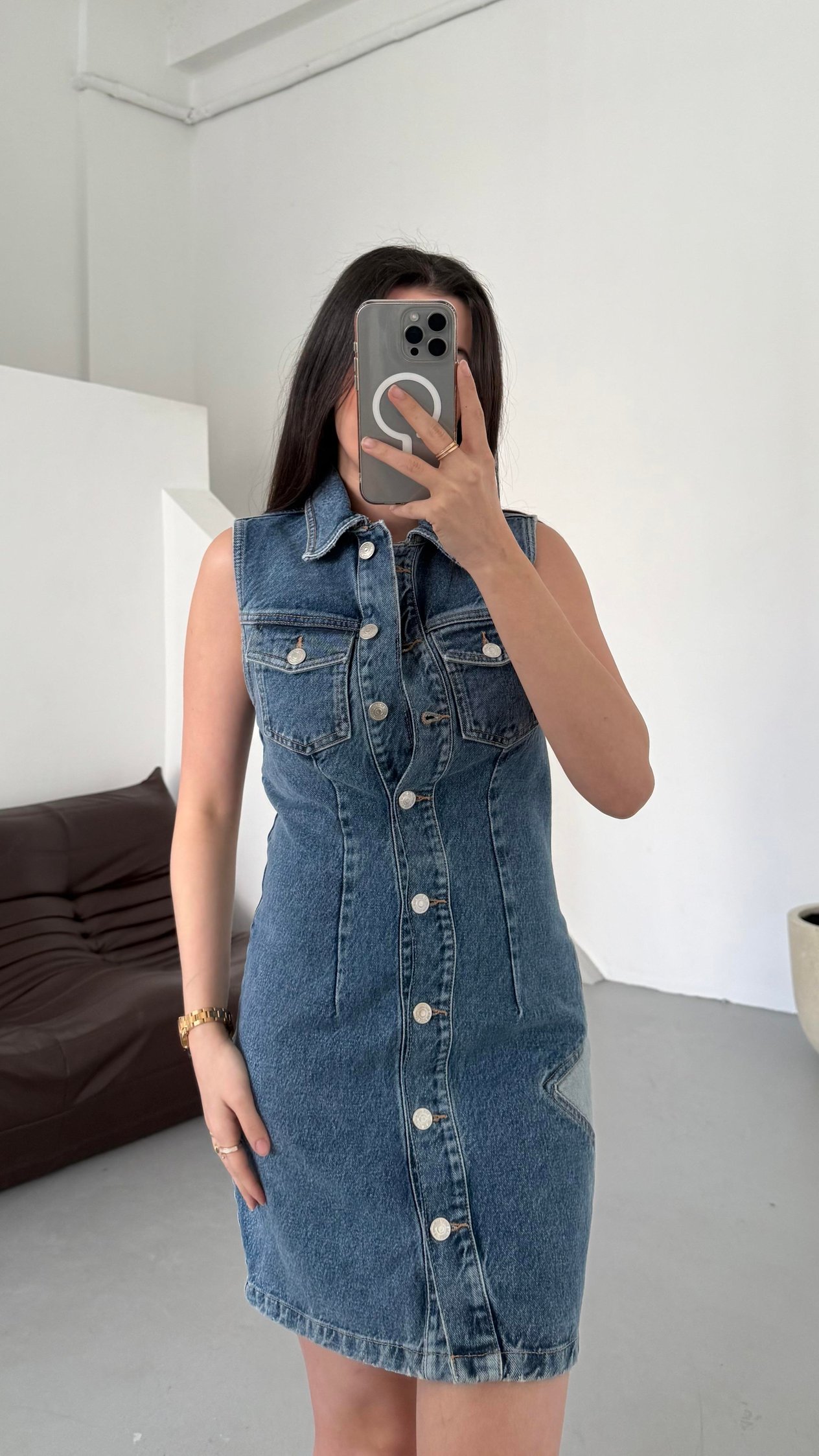 Go Mavi Yıldız İşleme Detaylı Denim Elbise