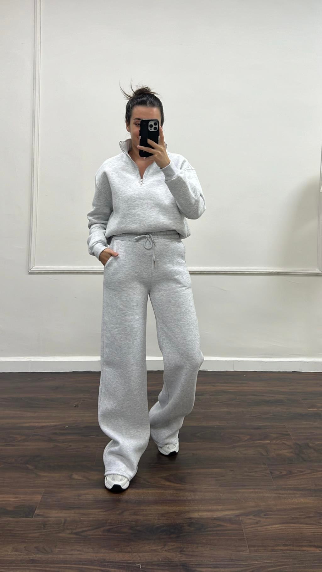Gri Dik Yaka Sweatshirt Palazzo Pamuklu Takım