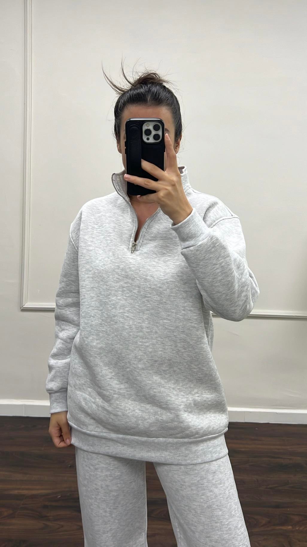 Gri Dik Yaka Sweatshirt Palazzo Pamuklu Takım