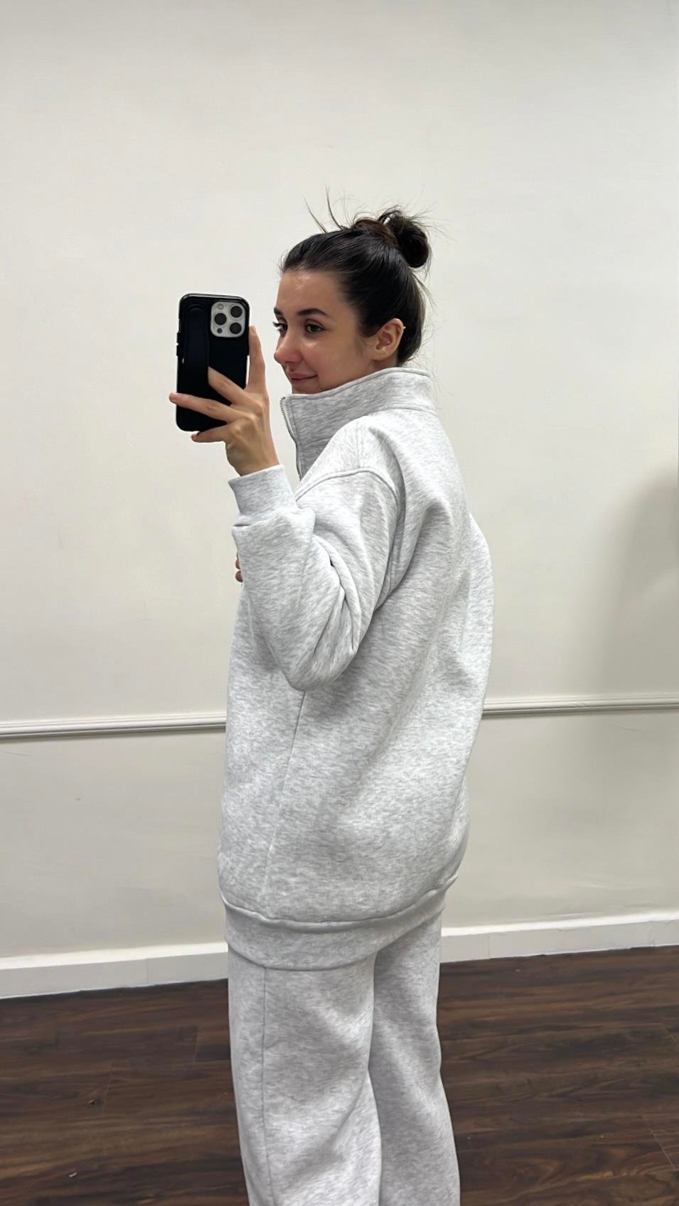 Gri Dik Yaka Sweatshirt Palazzo Pamuklu Takım