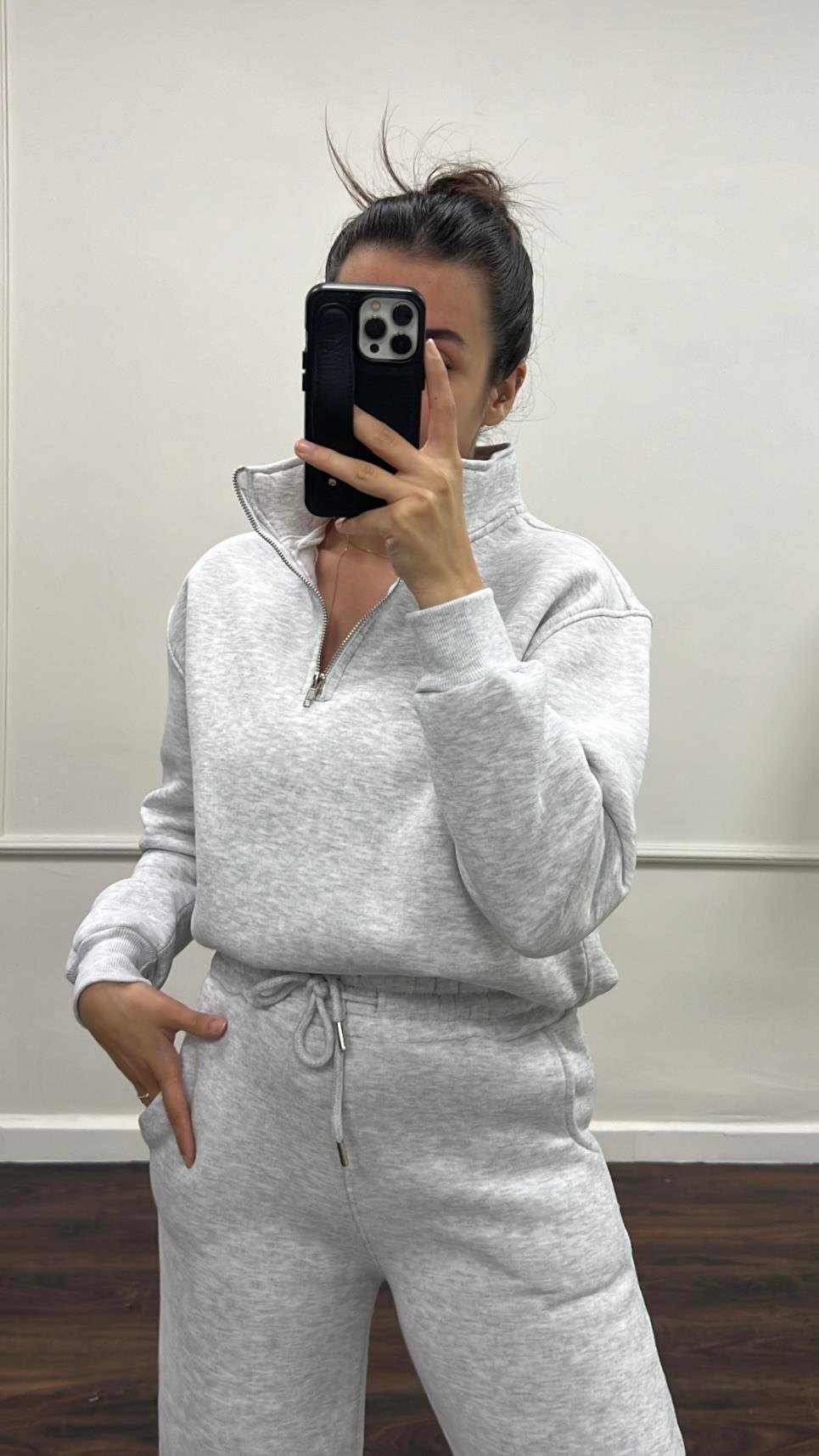 Gri Dik Yaka Sweatshirt Palazzo Pamuklu Takım