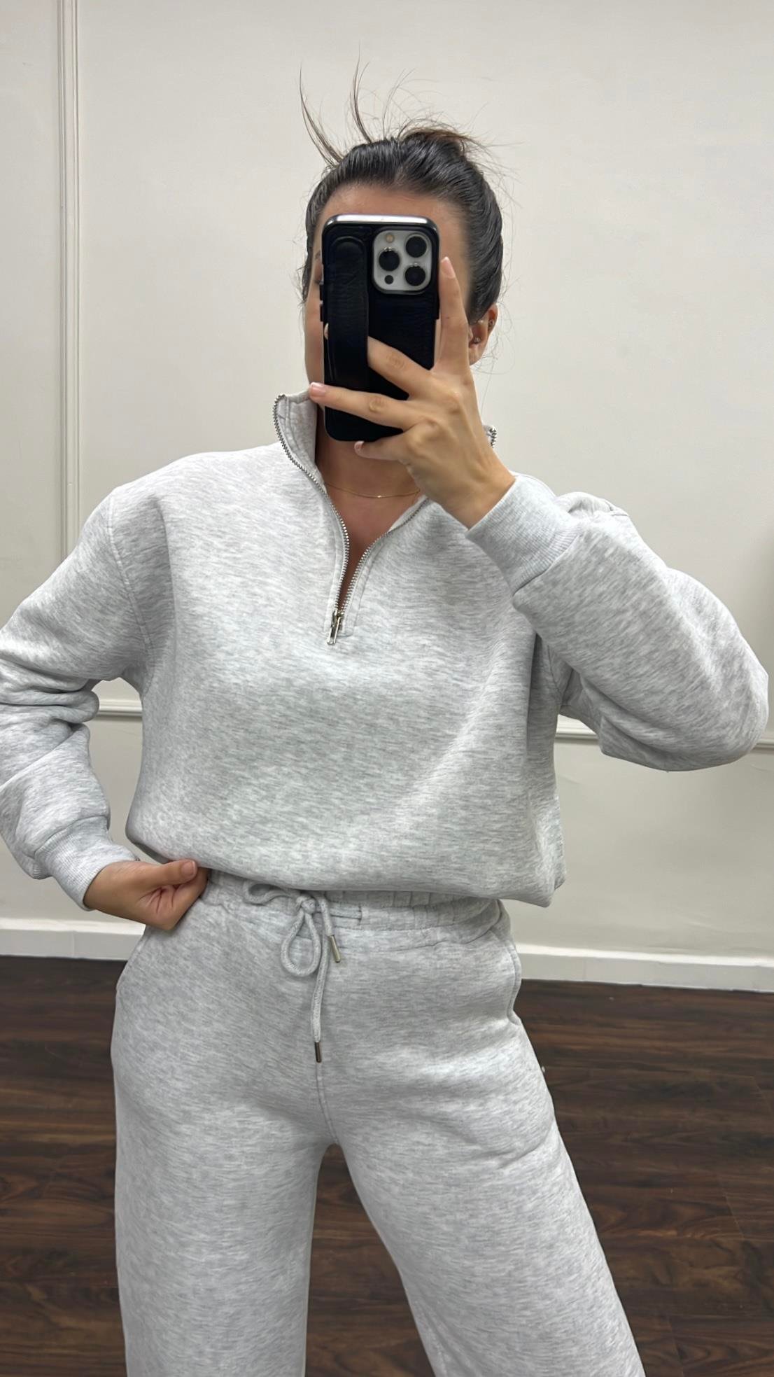 Gri Dik Yaka Sweatshirt Palazzo Pamuklu Takım