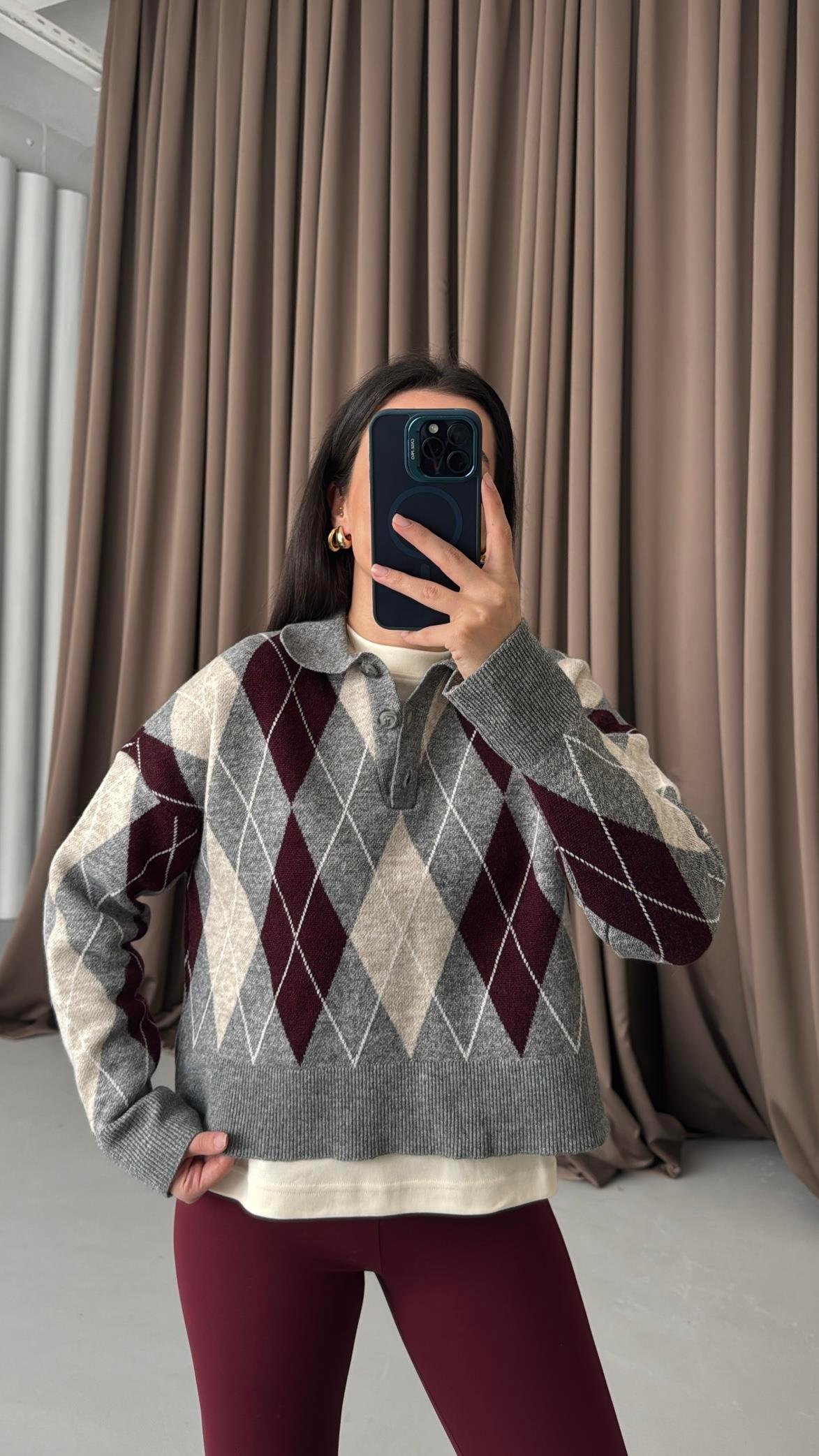 Gri/Bordo Baklava Desenli Polo Yaka Kazak