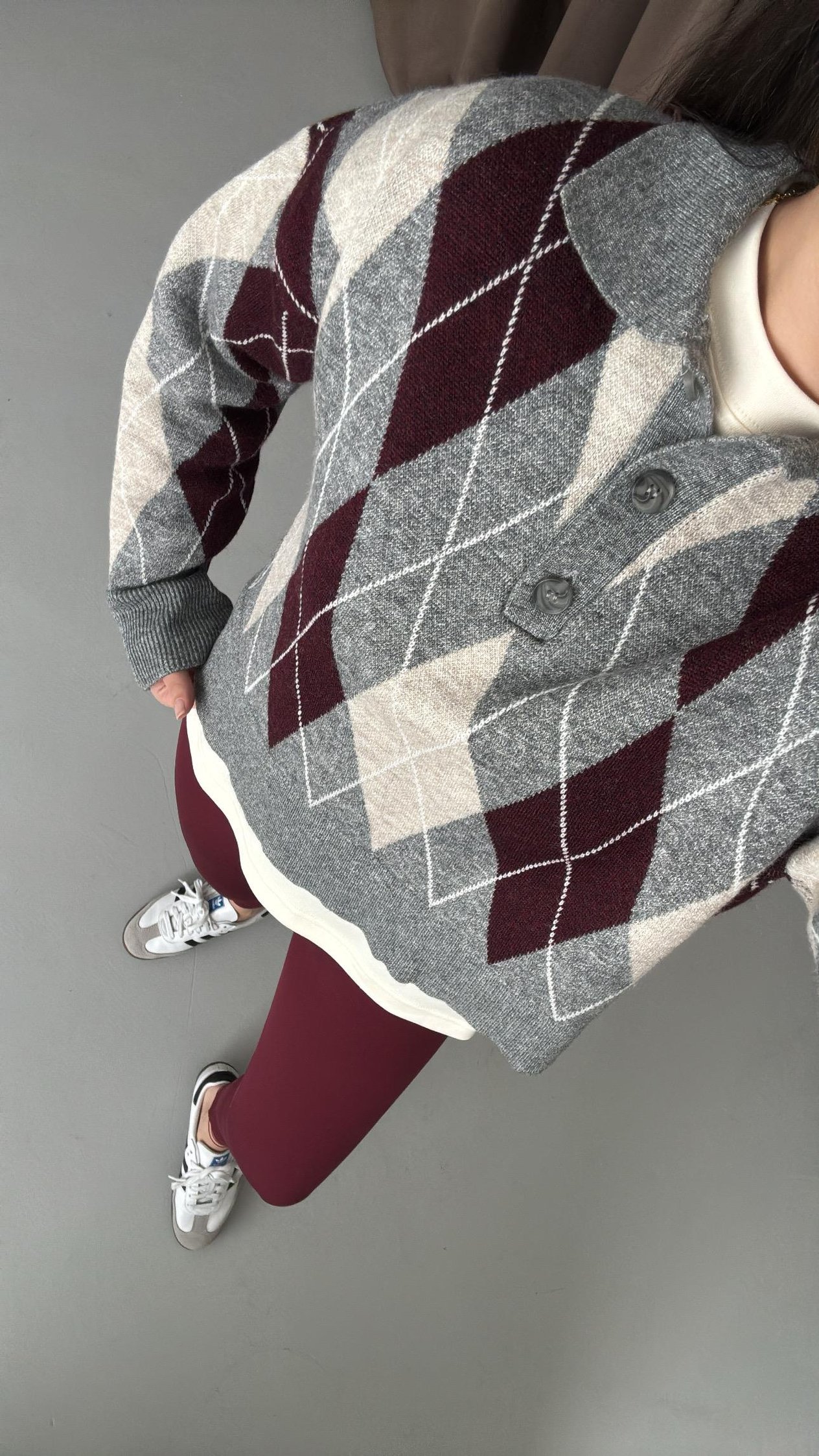 Gri/Bordo Baklava Desenli Polo Yaka Kazak