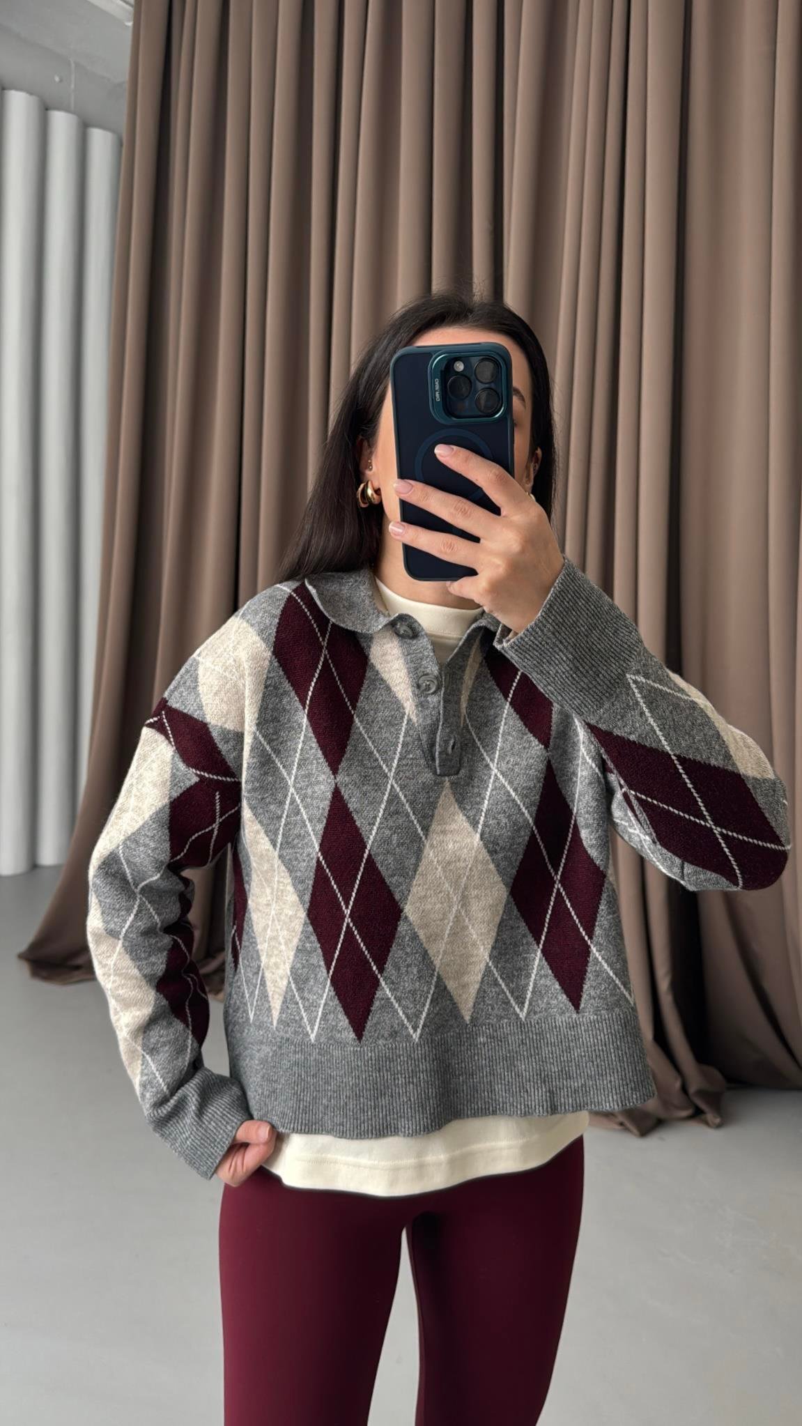 Gri/Bordo Baklava Desenli Polo Yaka Kazak