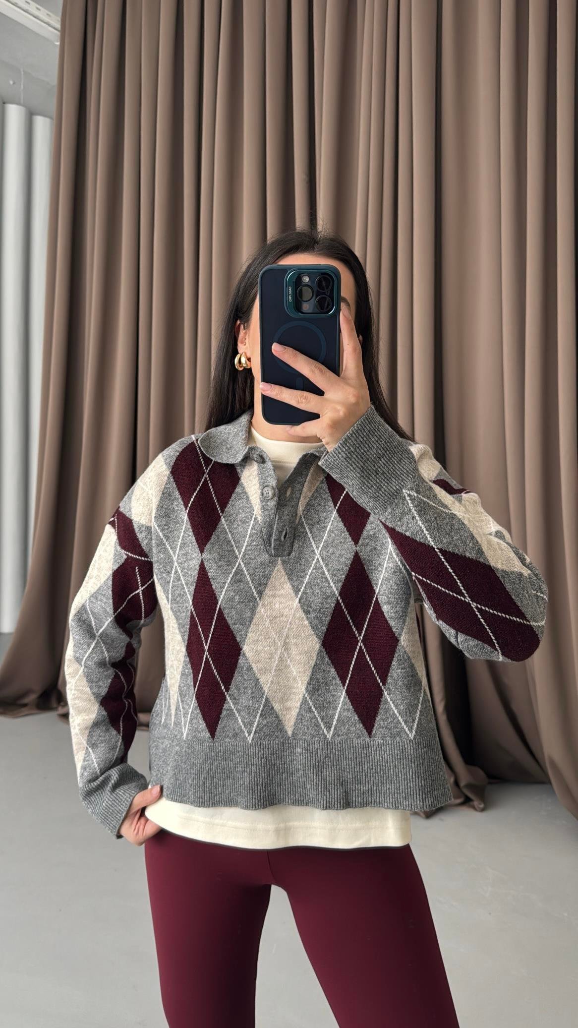 Gri/Bordo Baklava Desenli Polo Yaka Kazak
