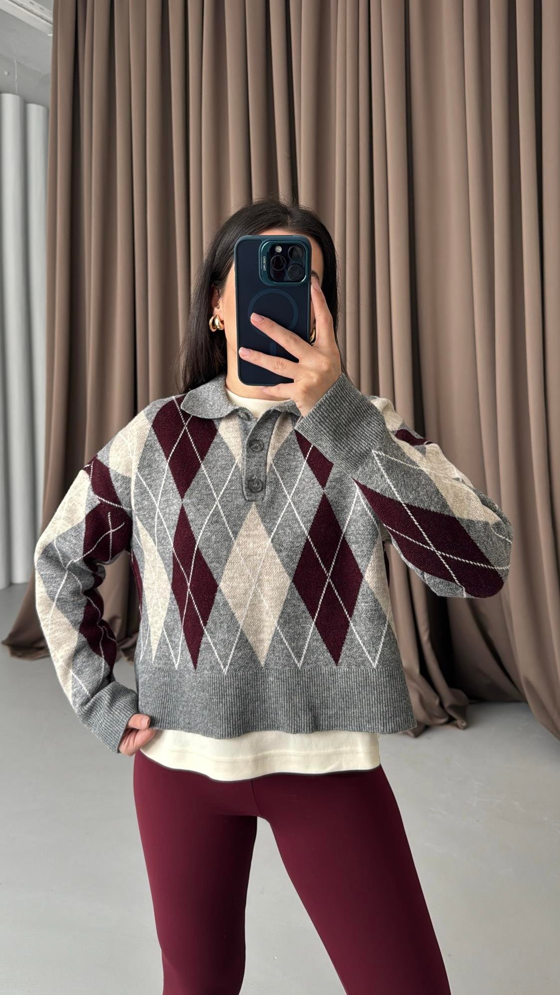 Gri/Bordo Baklava Desenli Polo Yaka Kazak