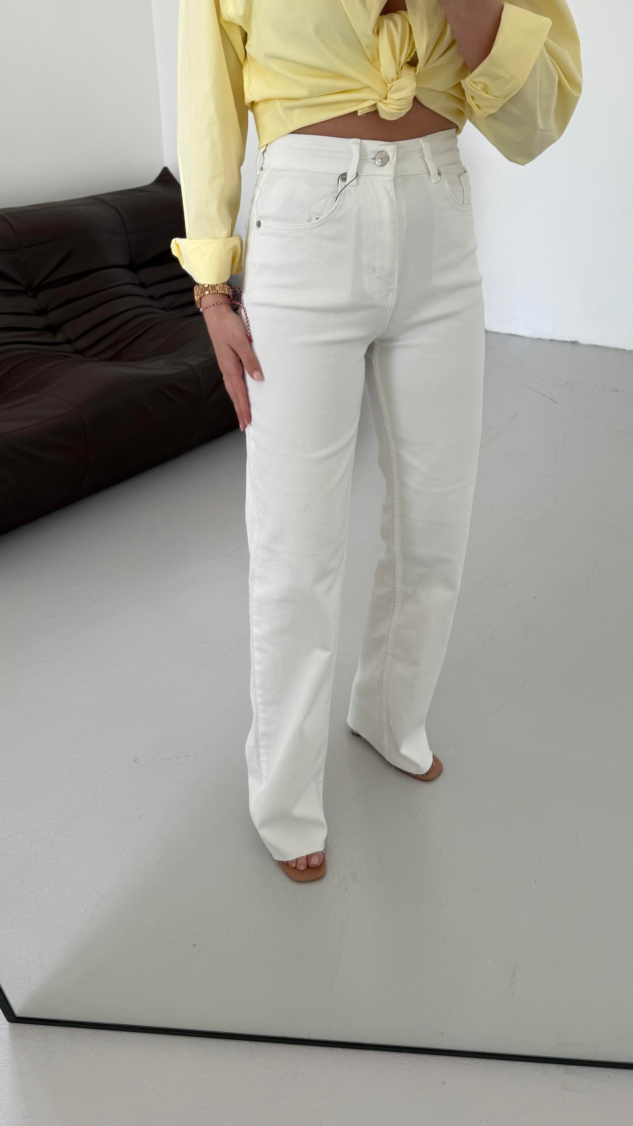 Marka Beyaz Yüksek Bel Wide Leg Jean