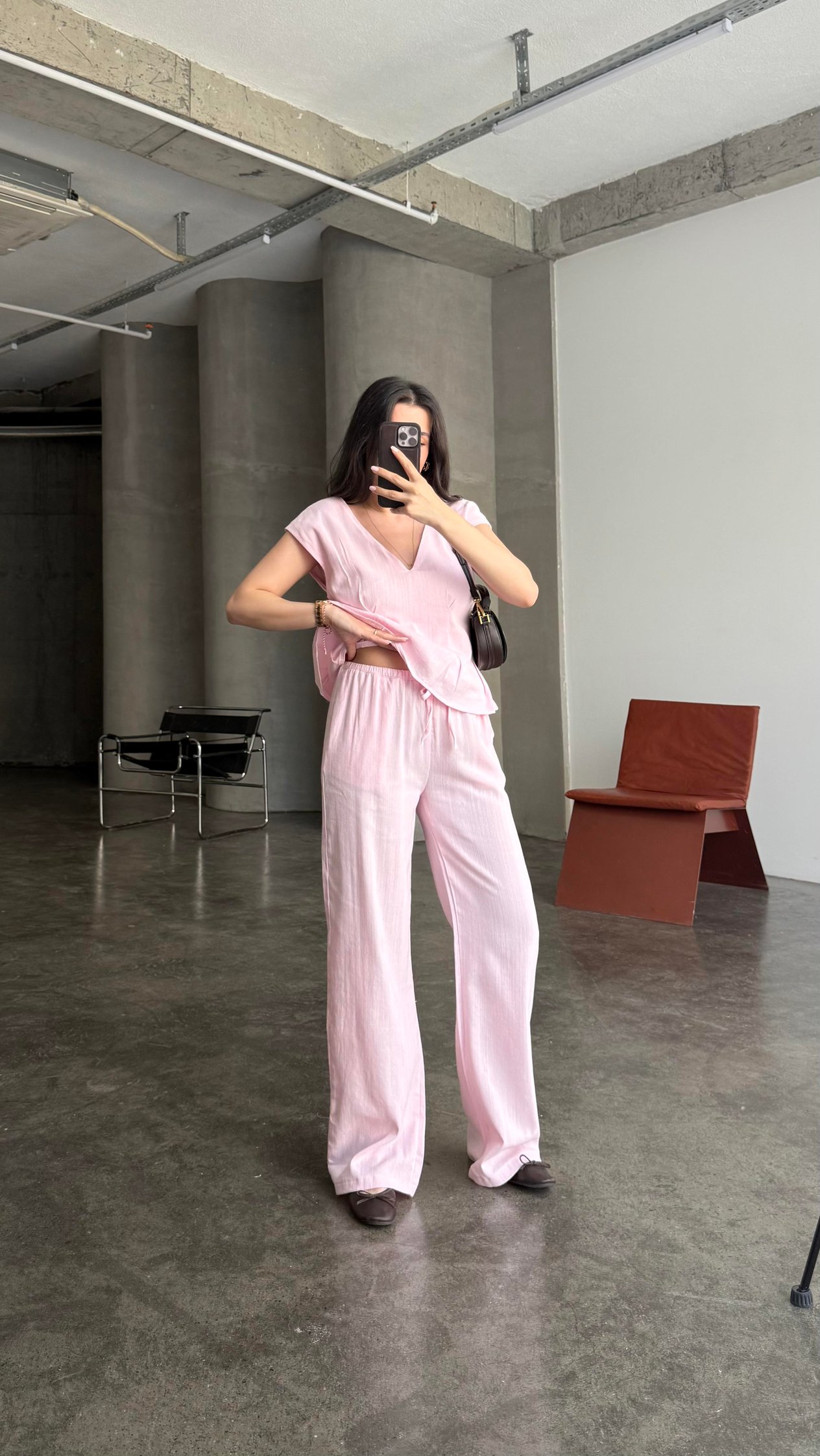 Pembe Keten V Yaka Bluz Staright Pantalon Takım