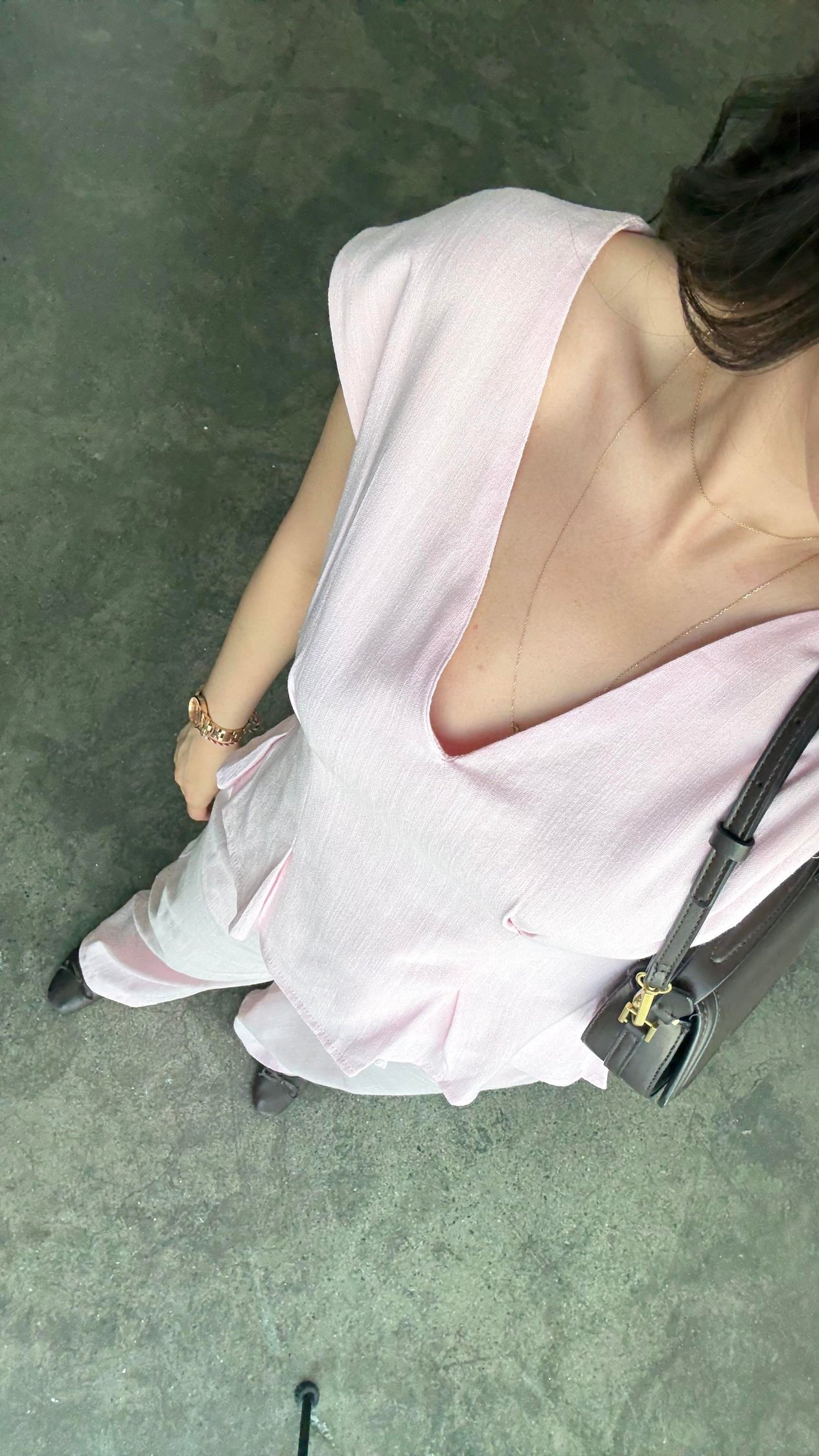 Pembe Keten V Yaka Bluz Staright Pantalon Takım