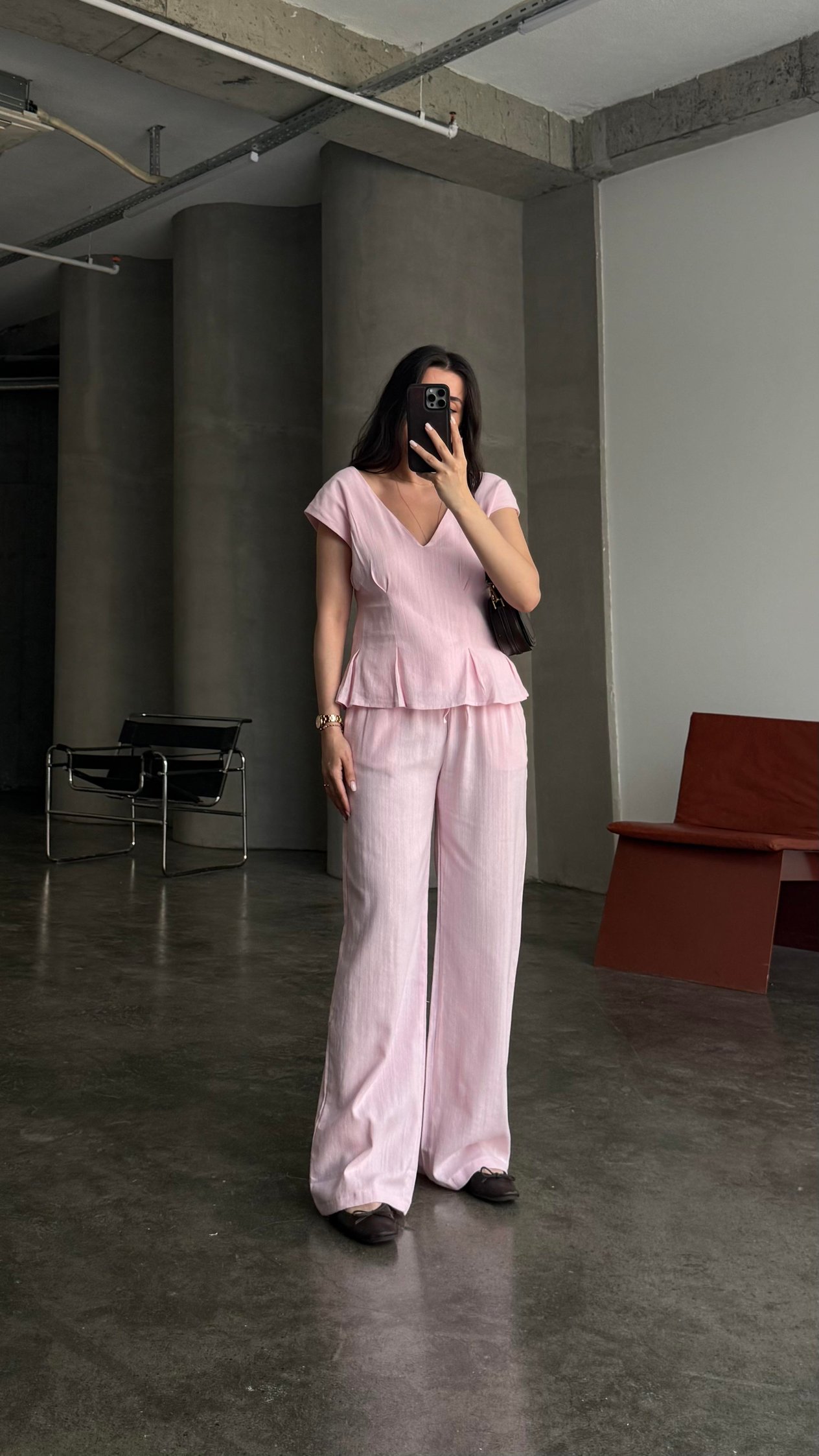Pembe Keten V Yaka Bluz Staright Pantalon Takım