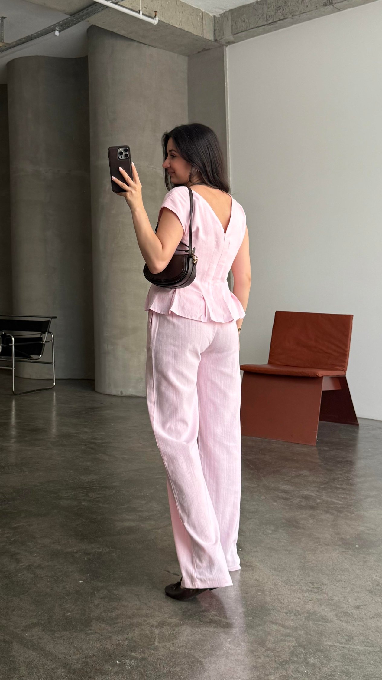 Pembe Keten V Yaka Bluz Staright Pantalon Takım