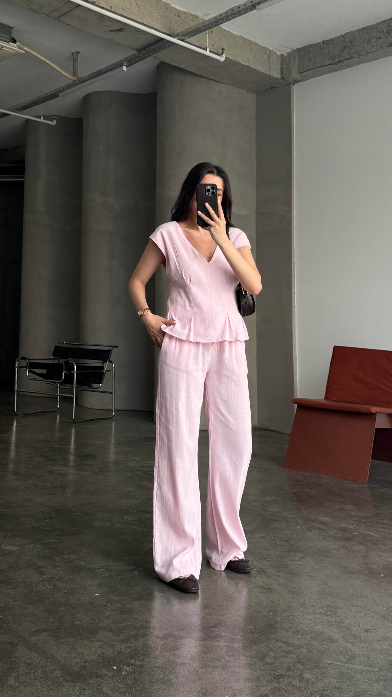 Pembe Keten V Yaka Bluz Staright Pantalon Takım