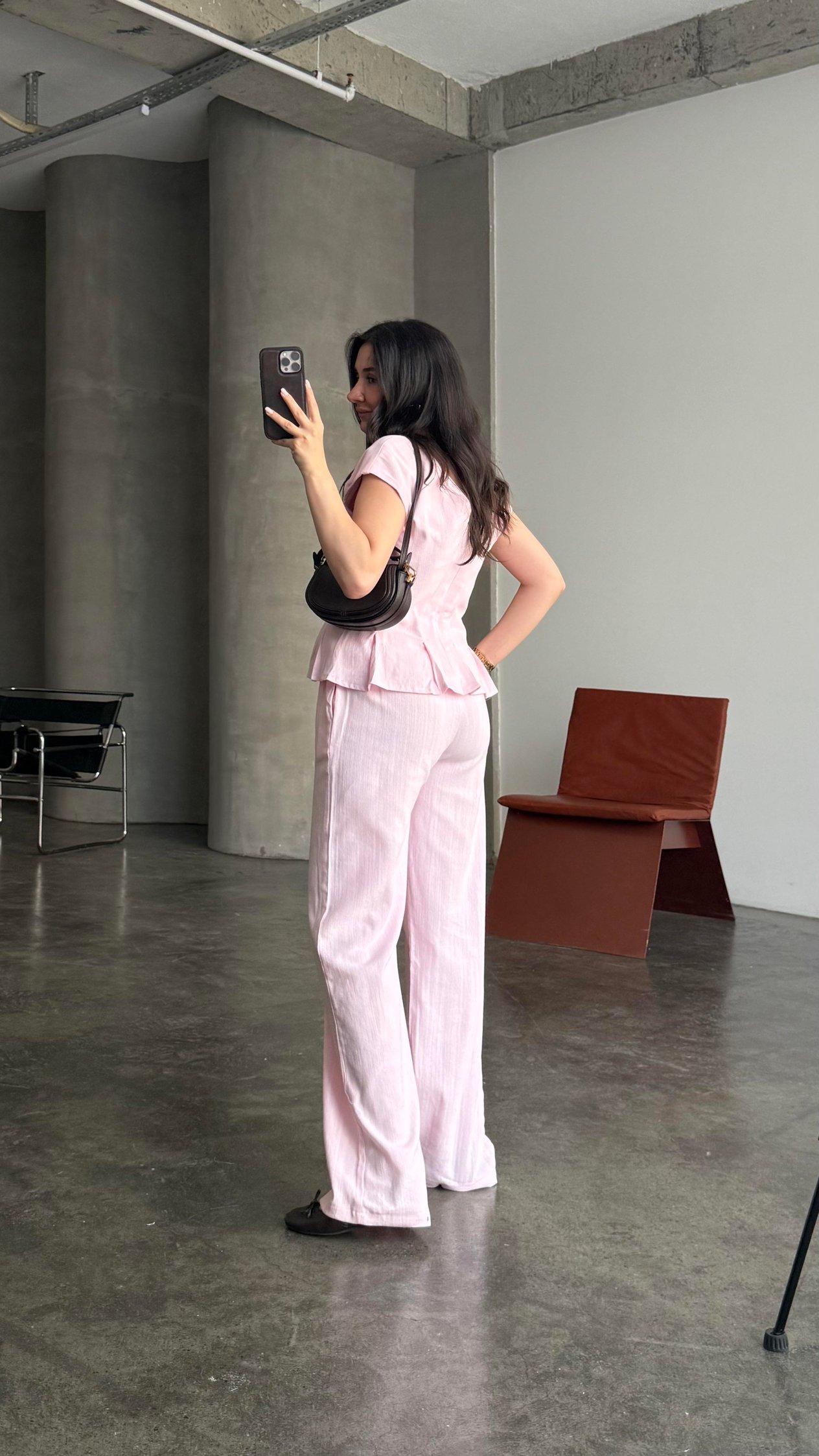 Pembe Keten V Yaka Bluz Staright Pantalon Takım
