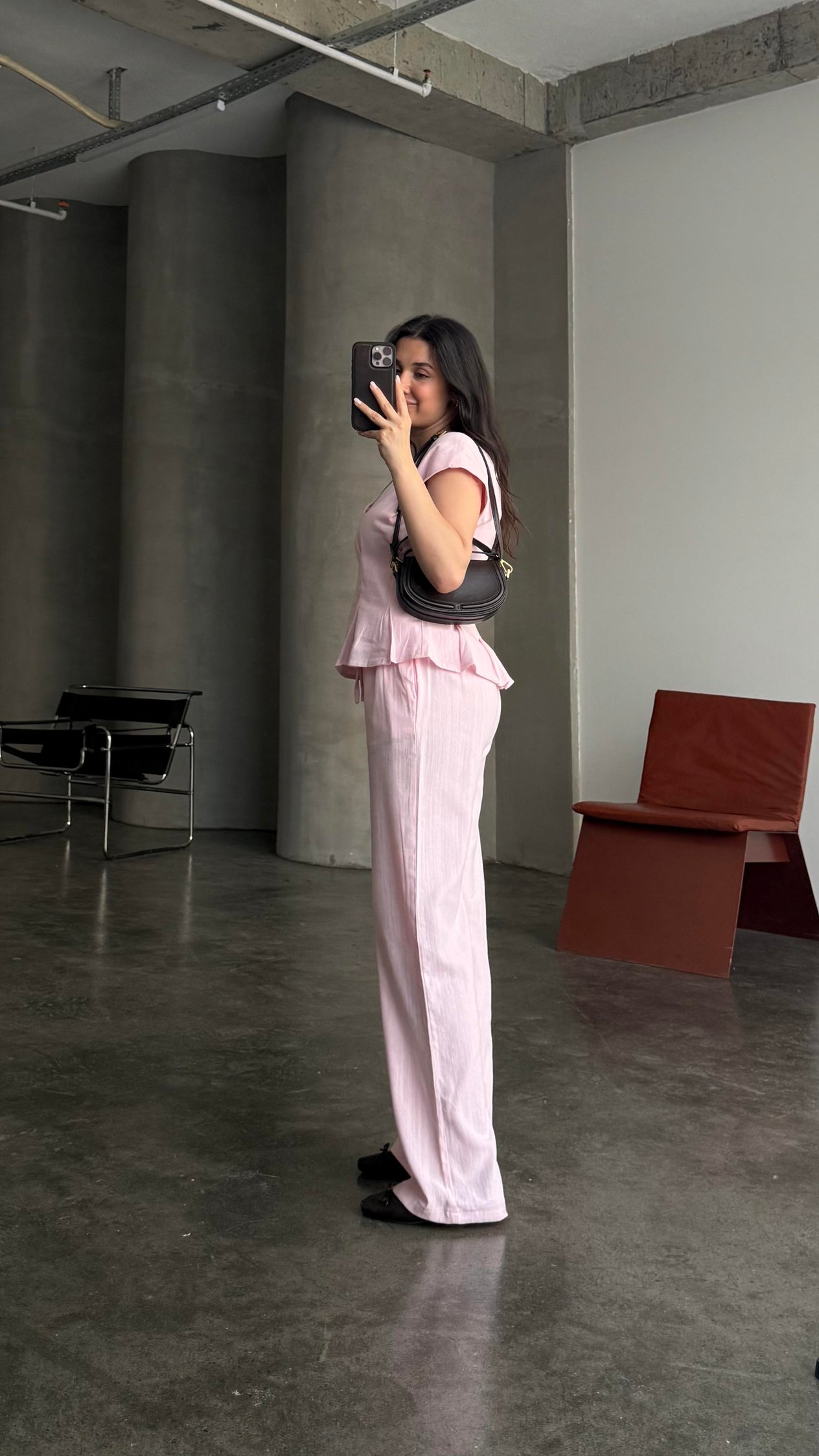 Pembe Keten V Yaka Bluz Staright Pantalon Takım