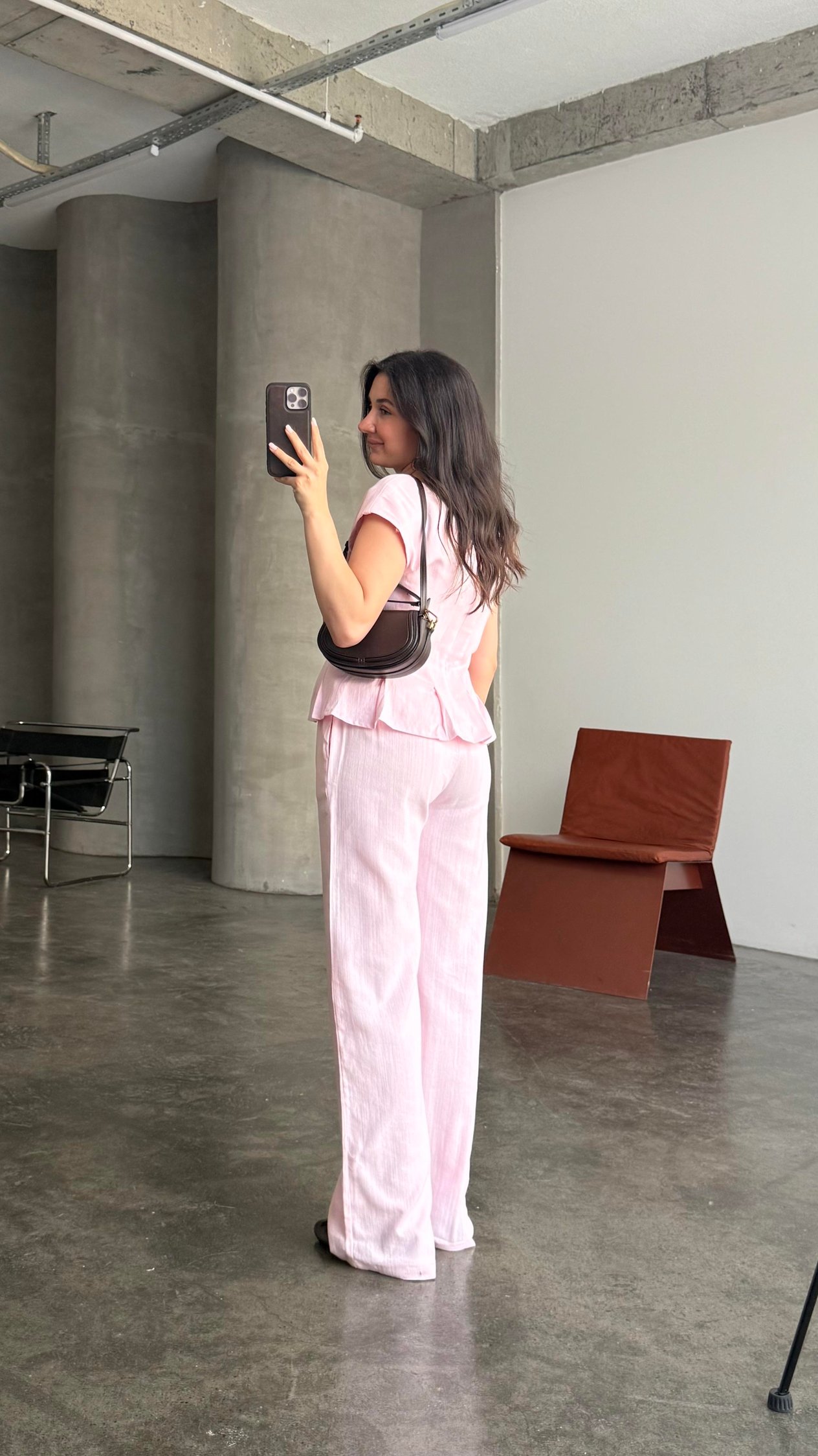 Pembe Keten V Yaka Bluz Staright Pantalon Takım