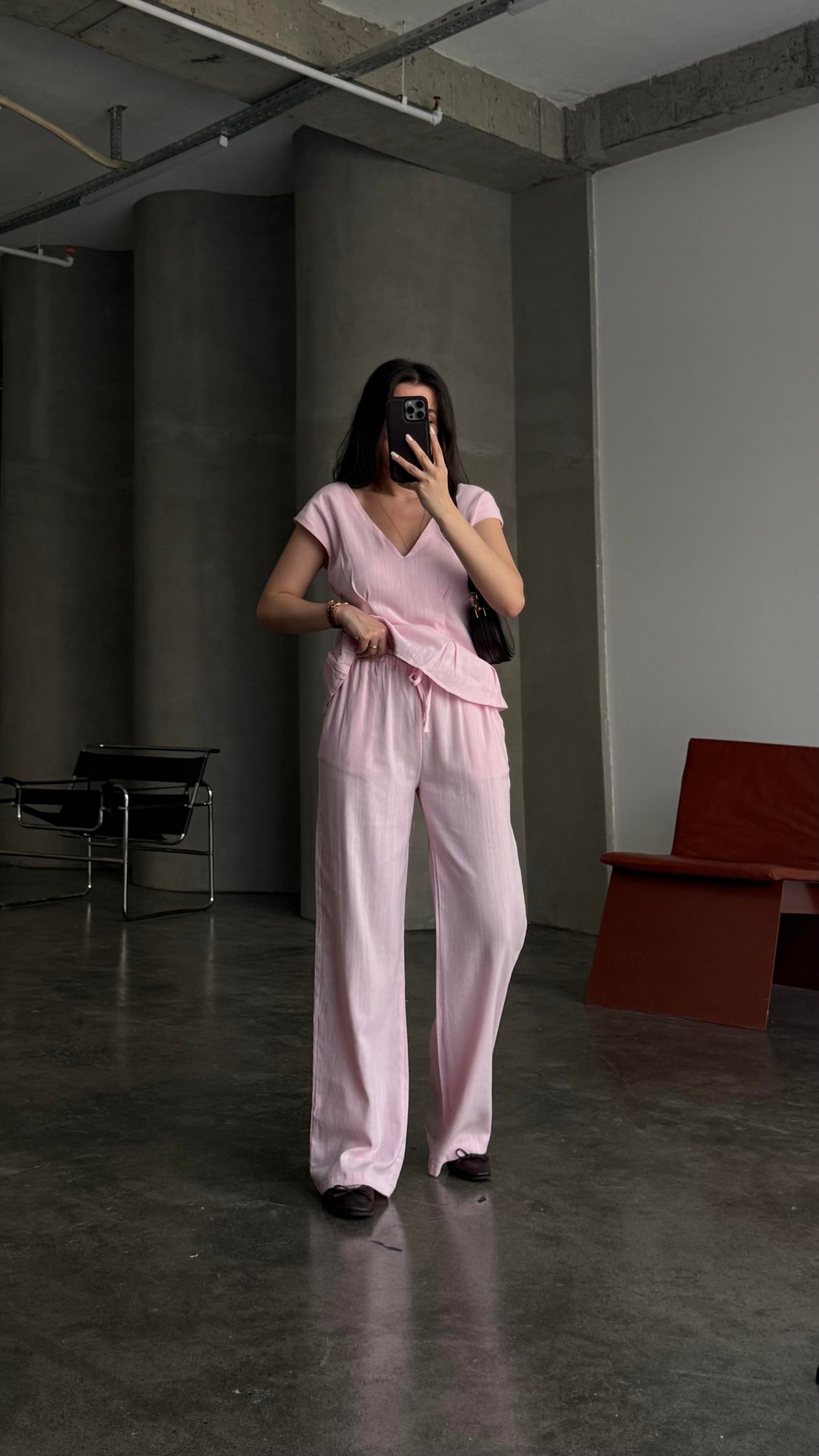Pembe Keten V Yaka Bluz Staright Pantalon Takım