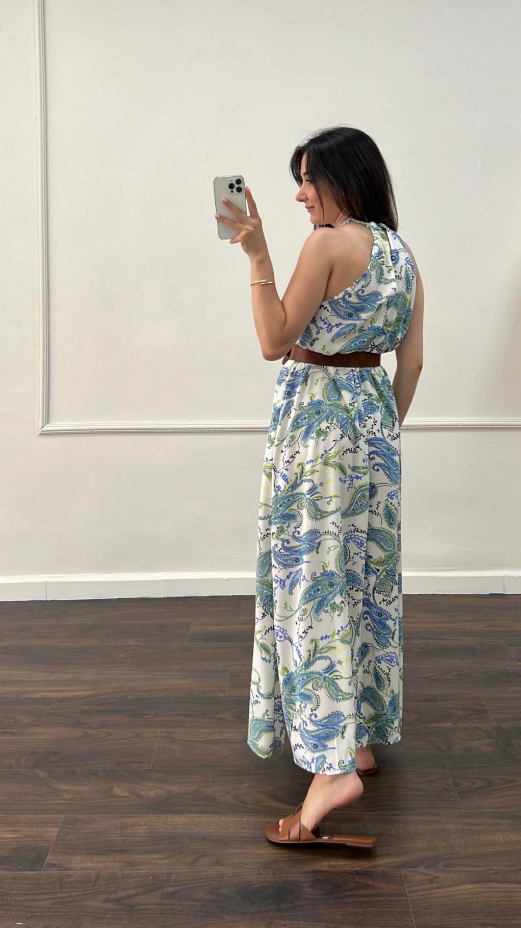 Rever Halter Yaka Mavi Desenli Cepli Elbise