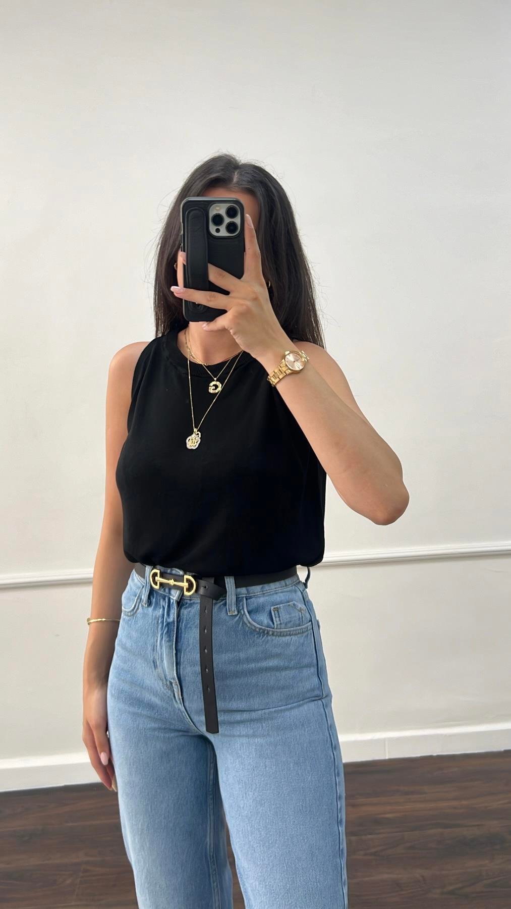 Siyah Örme %100 Viskon Halter Yaka Triko Bluz