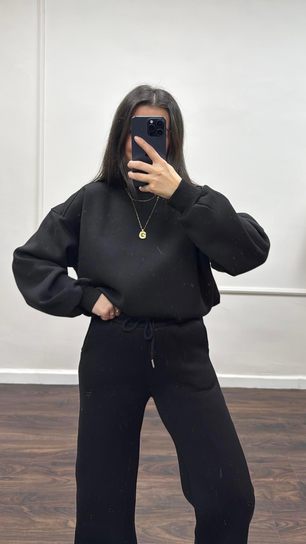 Siyah Pamuklu Sweatshirt ve Pantolon Takım