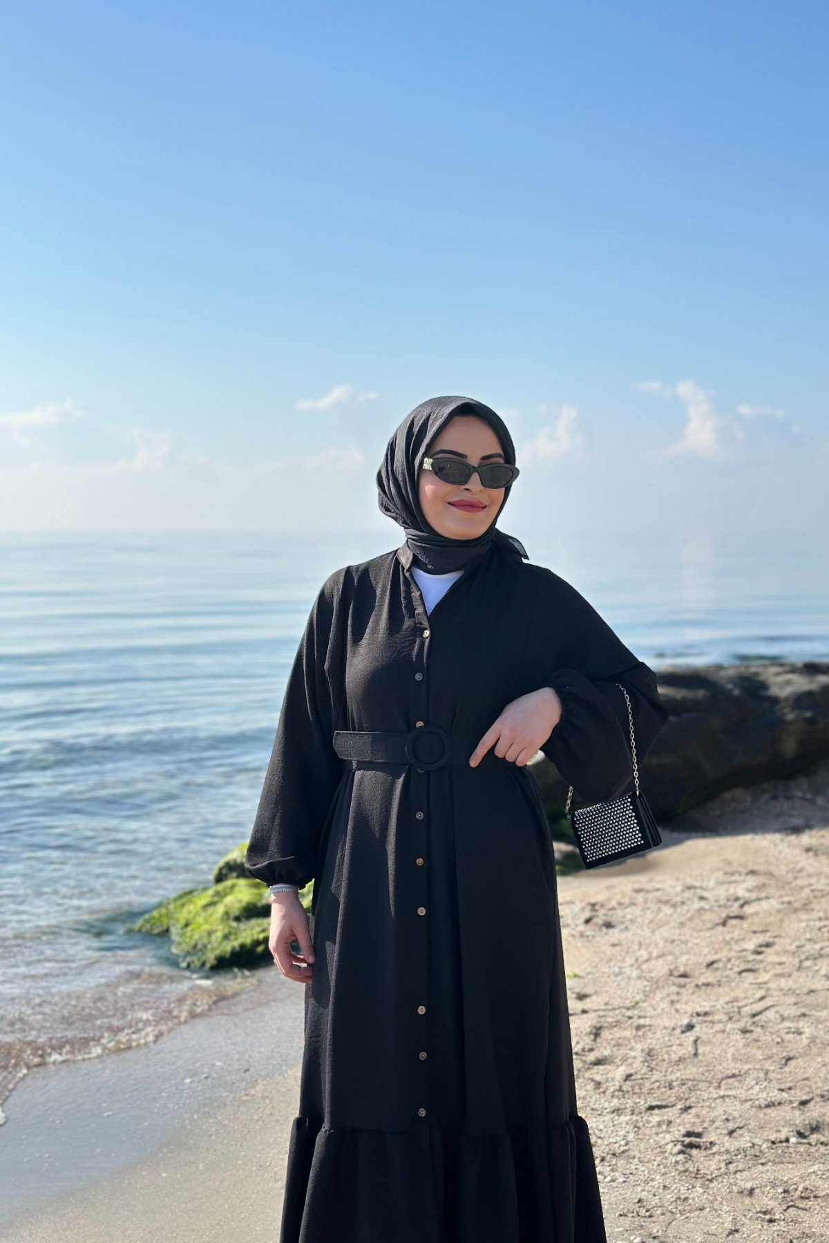 Keten Gömlek Elbise Kemerli Siyah