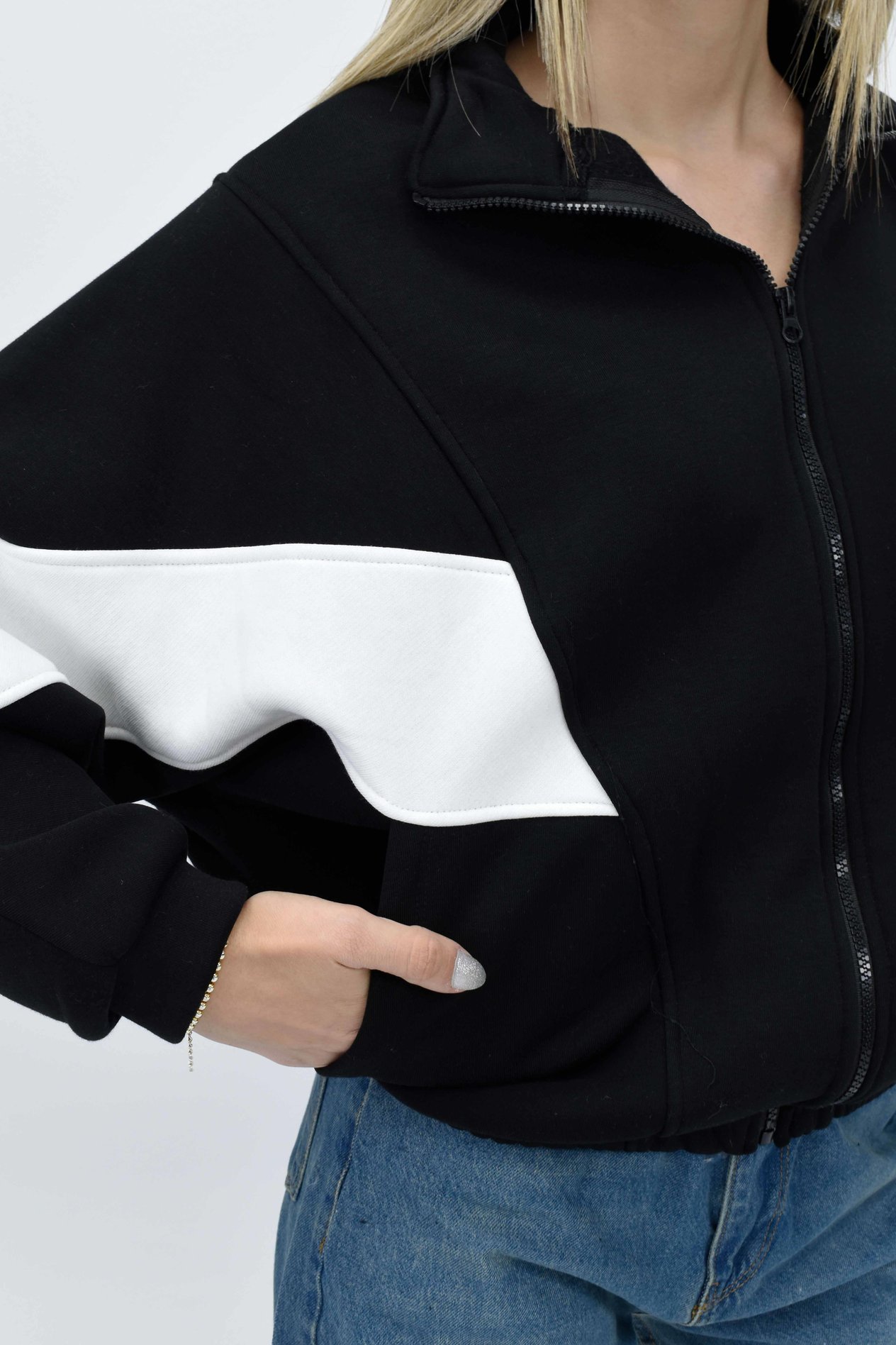 Fermuarlı Garnili Sweatshirt - Siyah